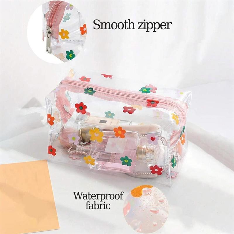 3pcs Transparent Flower Makeup Bag, Summer Floral Pattern Clear Cosmetic Bag with Zip, Portable Makeup Organizer Pouch, Multifunctional Waterproof Toiletry Bag