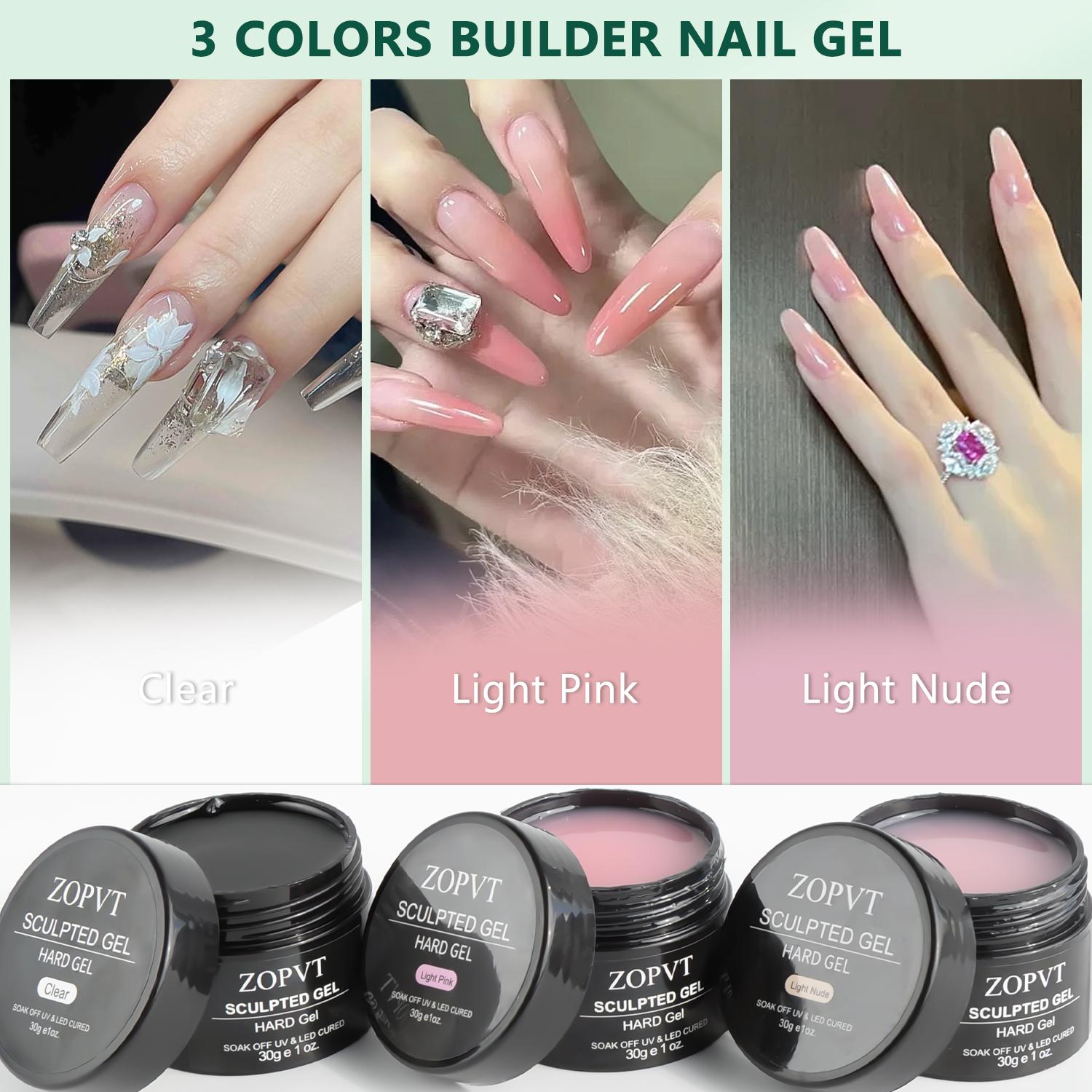 LED UV Builder Gel Nail Extension Kit, 3 Colors Nude Transparent Hard Gel, Professional Manicure Tools Set for Salon & Home Use, UV Light Gel