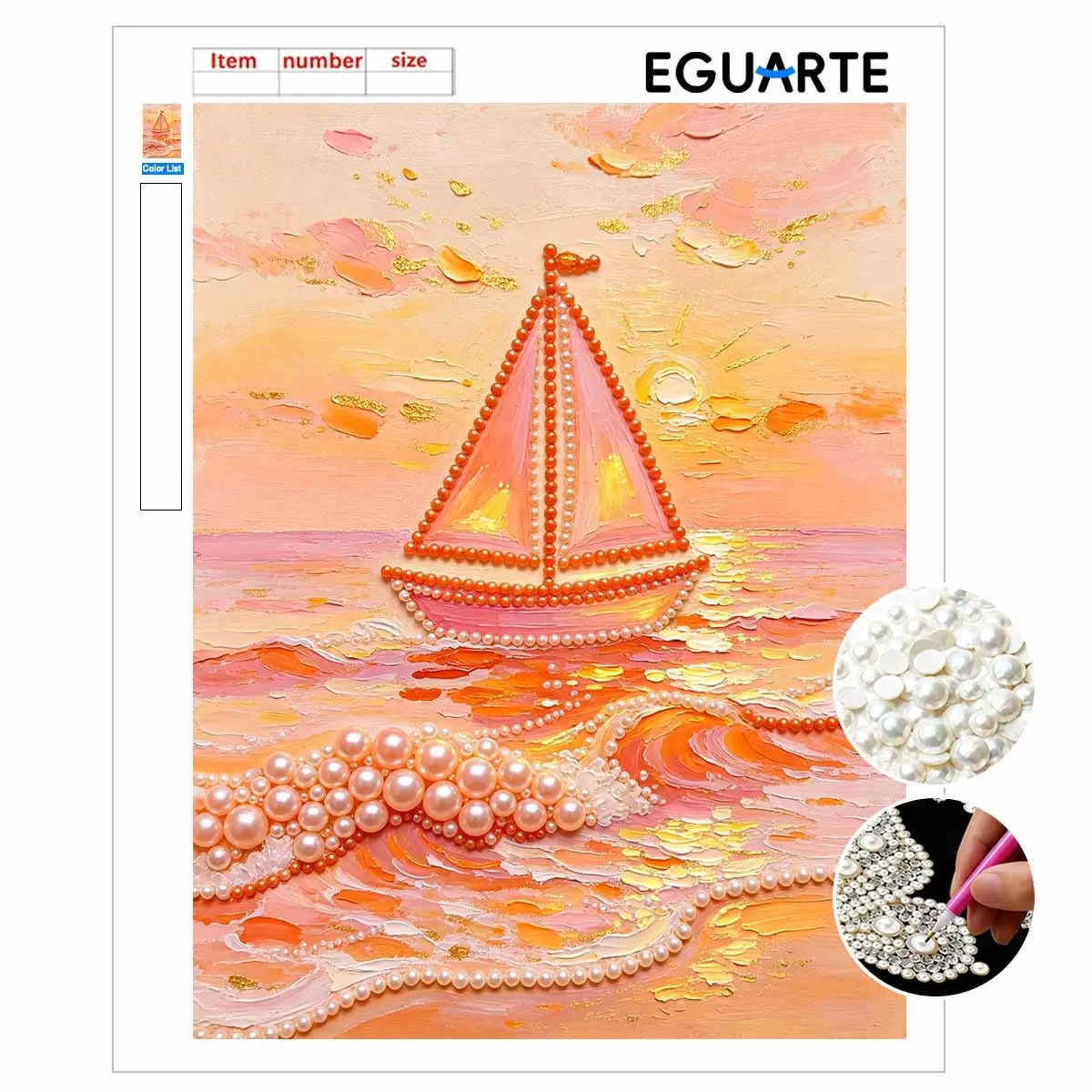 DIY Sunset Sailboat Pattern Pearl Painting, Handmade Rhinestone Canvas Art, Frameless Wall Decor, Bedroom Decoration, Gift Idea