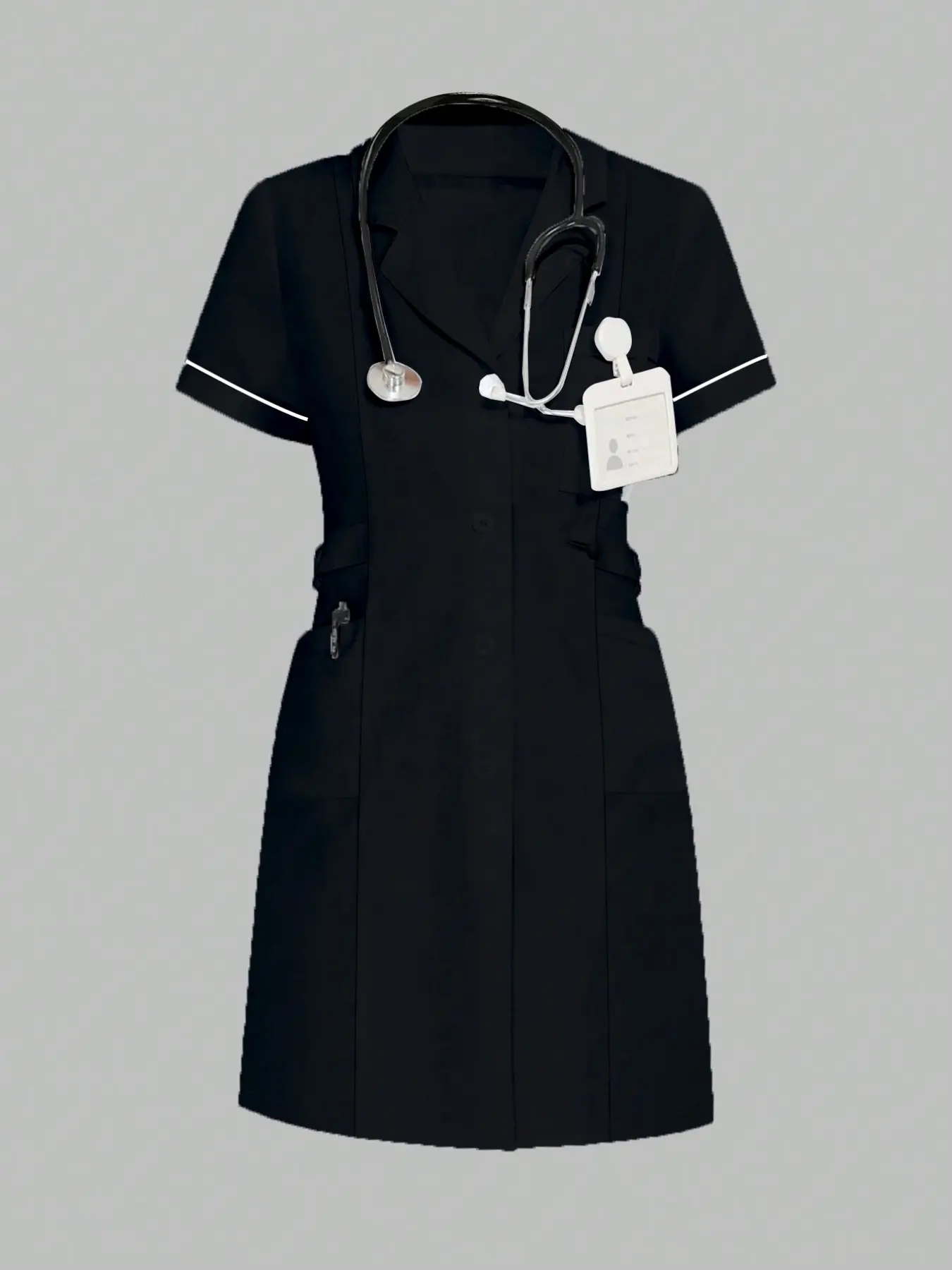 Women Lapel Nurse Dress Short Sleeve, Contrast Piping Trim, Slim Fit Medical Uniform, Beauty Salon Clinic Work Dress