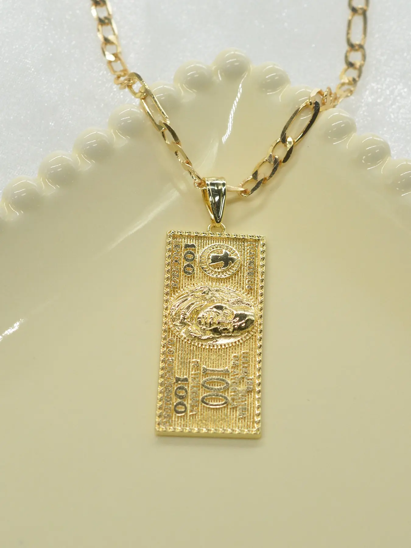 1pc 14k American Hip-Hop Style Gold-Plated Hundred-Dollar Bill Relief Square Nugget Necklace, Unisex, Streetwear, Store Visiting Check-In, Party Layering, Daily Trendy Accessory, Link Chain Necklace