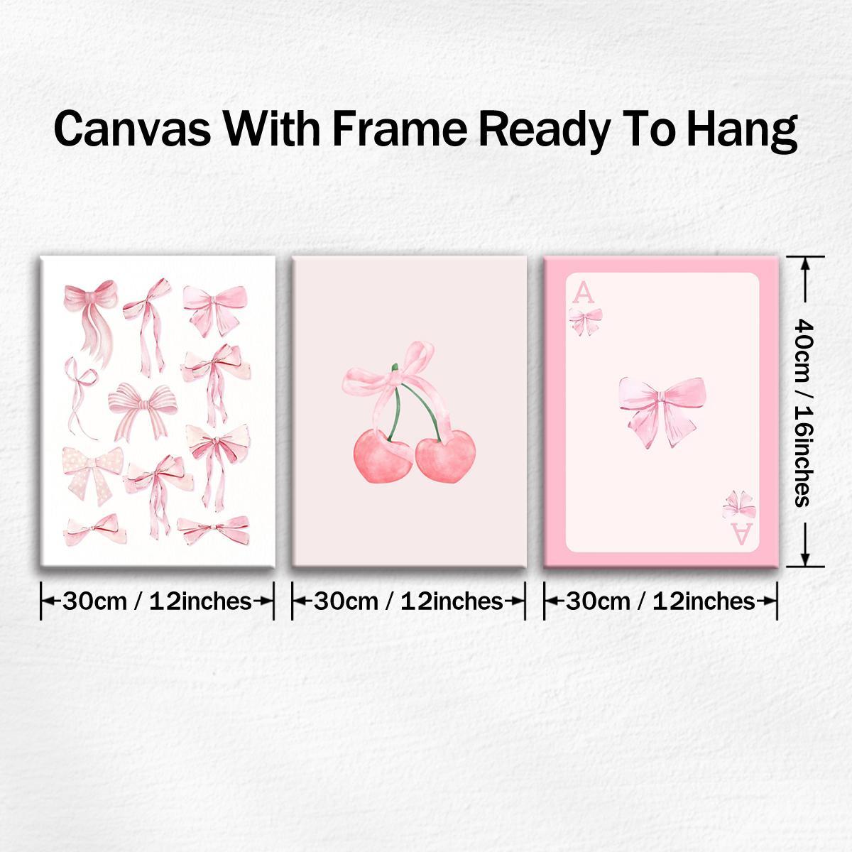 Wooden Framed Canvas Painting, 3 Counts/set Cute Bow Pattern Artistic Wall Art for Girl, Wall Decor for Home Living Room Bedroom Office