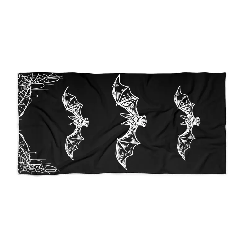 Quick Dry Beach Towel Black Background White Sketch Bat & Spider Web Print Lightweight Summer Pool Camping Towel Gothic Halloween Witchy Aesthetic Beach Accessory