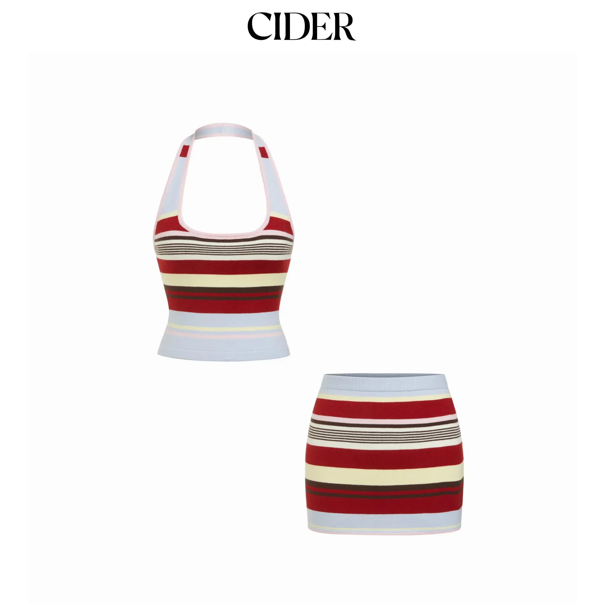 Cider Knit Halter Neck Striped Tank Top & Low Rise Mini Skirt Set SohoChic