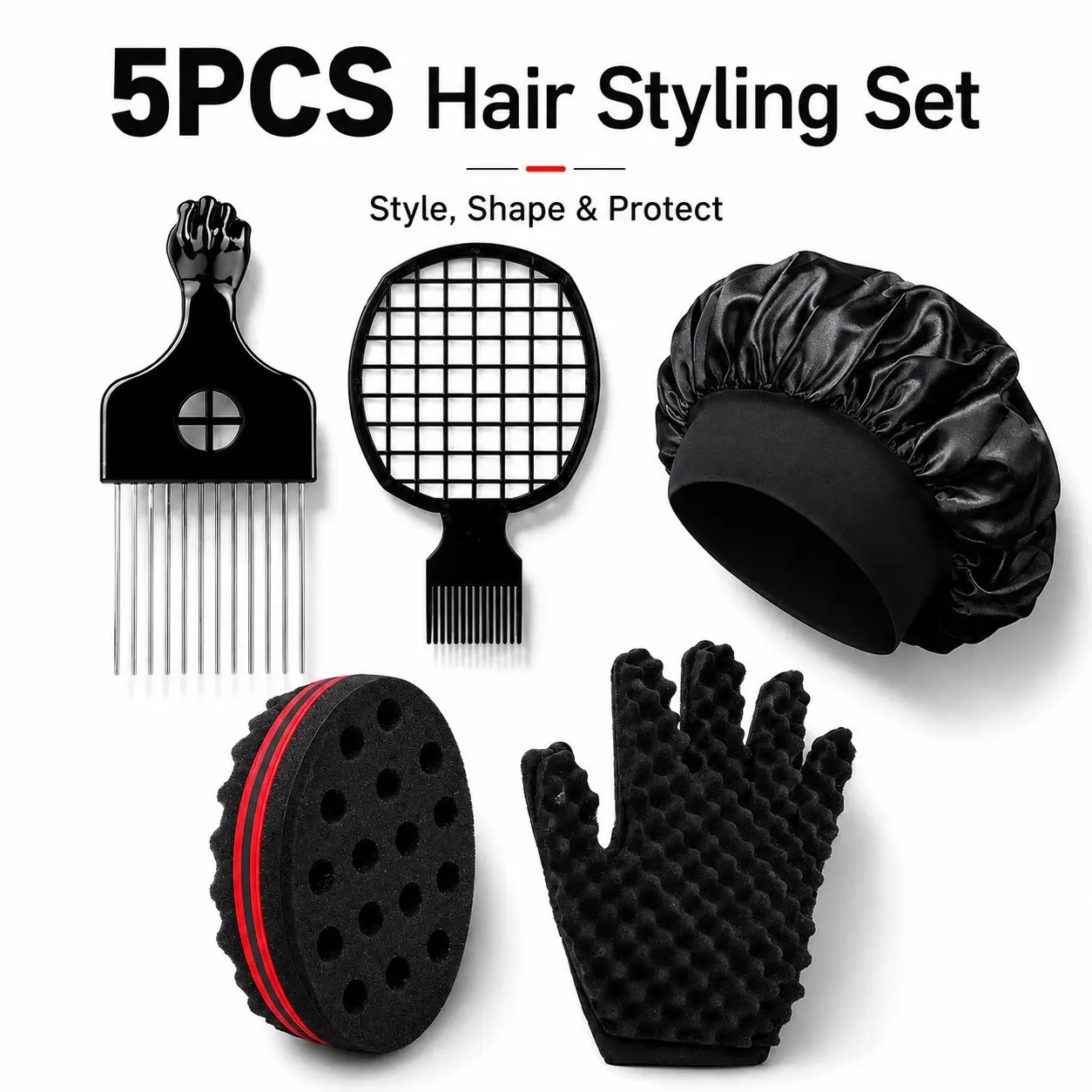5PCS 4C Hair Styling & Haircare Set for Men, Afro Pick Comb, Grid Styling Comb, Twist Sponge, Scalp Massage Glove & Hair Bonnet for Curls, Coils, Twists and Daily Hair Routine