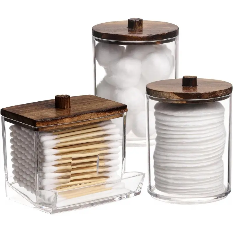 3-Pack Wooden Apothecary Jar Organizer Set, 10 oz Bathroom Cotton Ball-Swab Dispenser, Apothecary Aesthetic Bathroom Accessory with Brown Lids for Storage, Apothecary Aesthetic Bathroom Accessory Sets