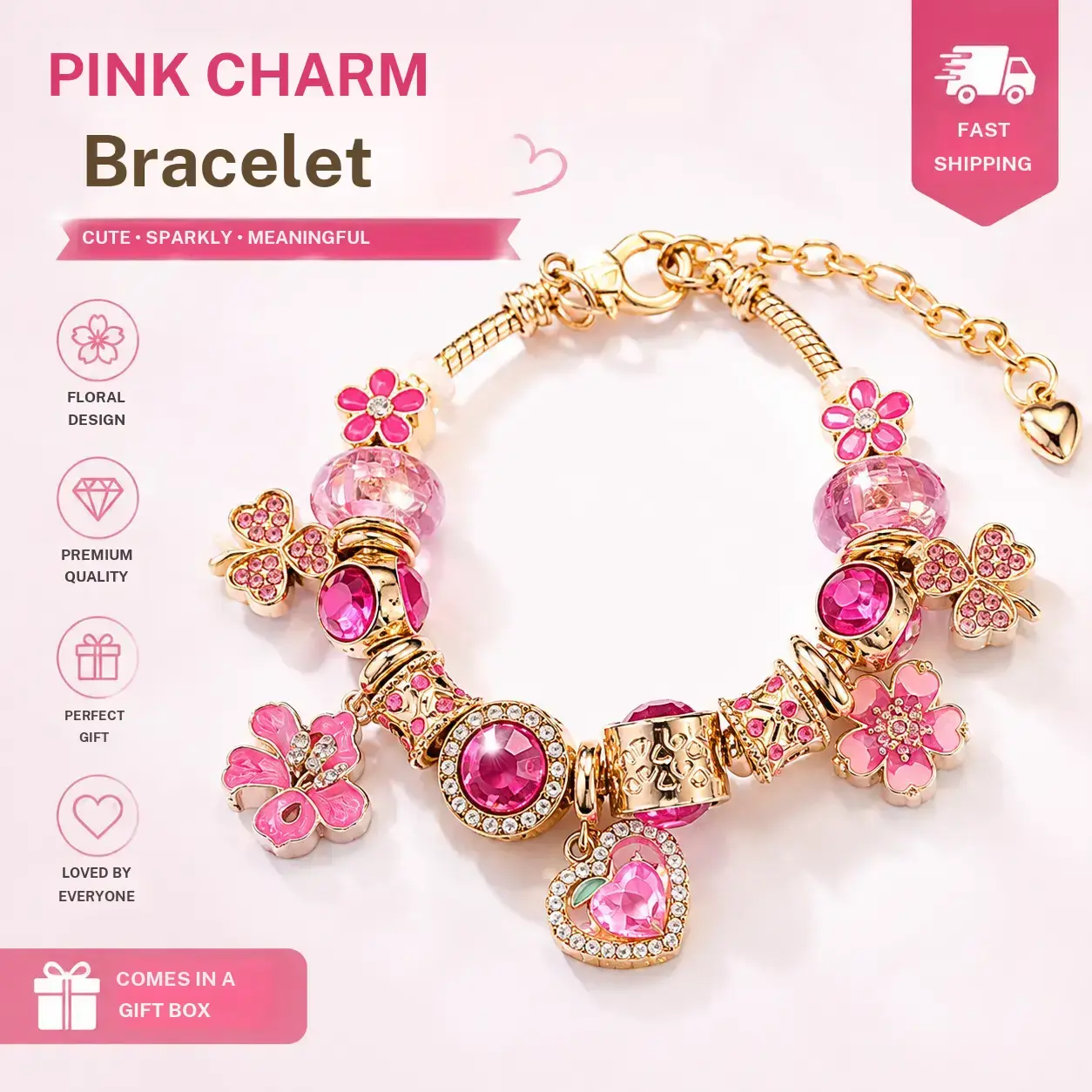 Pink Peach Flower Butterfly Charm Bracelet, Gold Adjustable Snake Chain Beaded Bracelet, Hot Pink Crystal Rhinestone Floral Wrist Jewelry, Sweet Kawaii Peach Pendant Bracelet Gift for Teen Girls Women