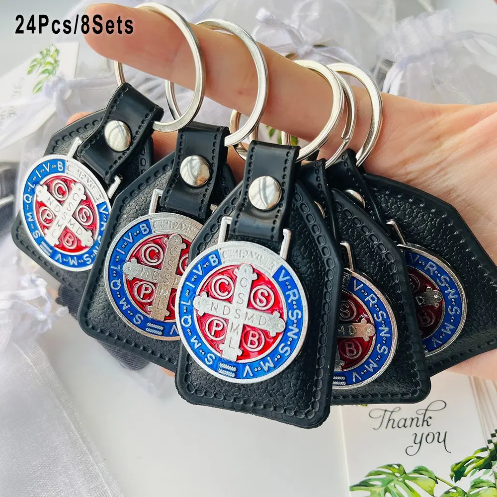 24pcs/8sets, St. Benedict'S Amulet Faux Leather & Cross Pu Leather Keychains, Keychain Series, Suitable As Christmas Gifts, Religious Group Gifts, Easter Gifts, Catholic Gifts, Baptism Favor, Confirmation Gifts