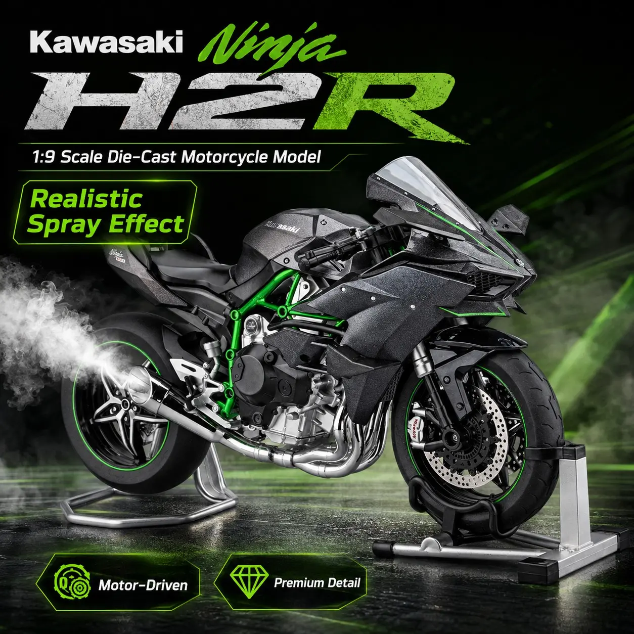 Kawasaki H2r Spray Dynamic 1:9 Alloy Motorcycle Model, Realistic Exhaust Spray, Start Throttle Function, Gift and Collectible