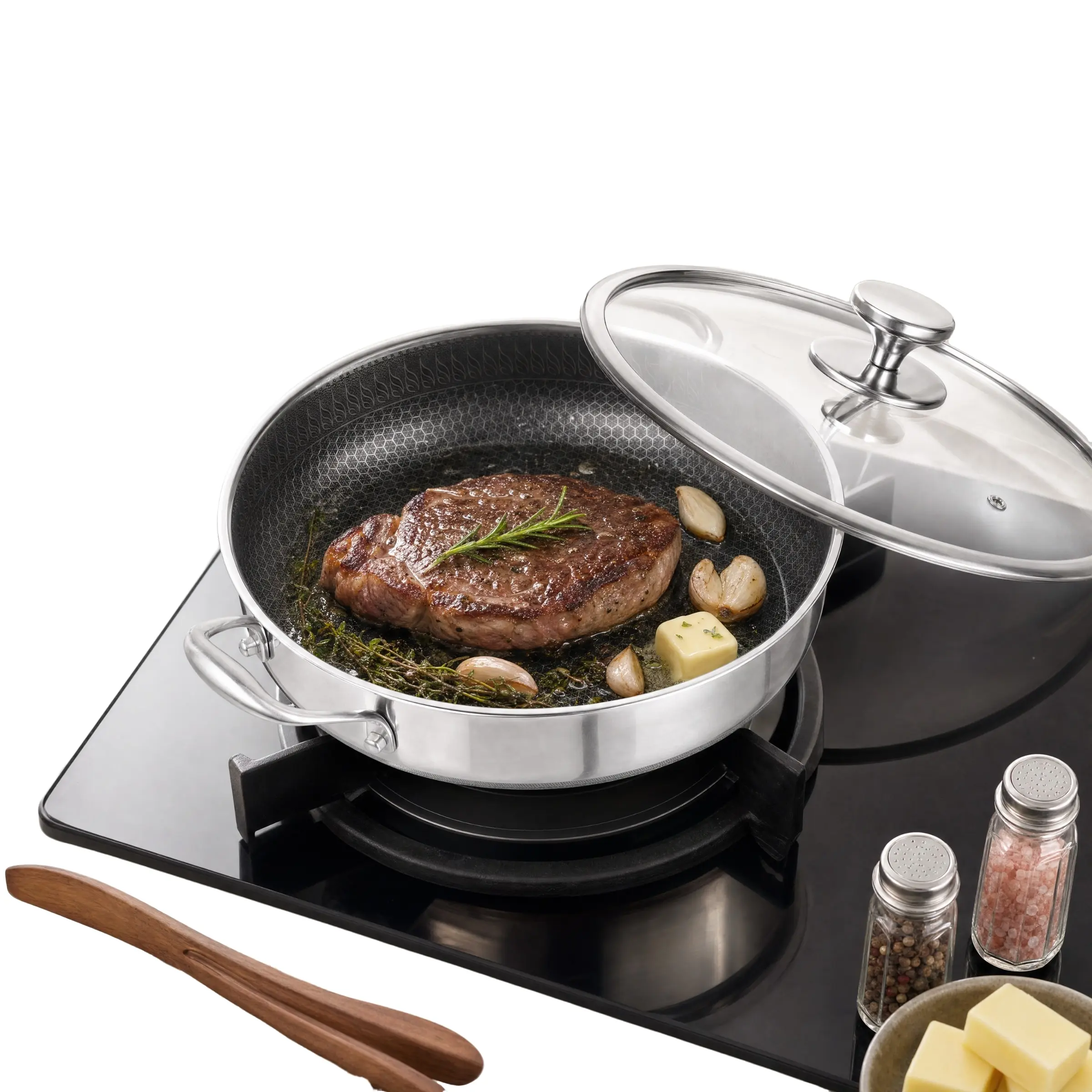 304 Stainless Steel Non-Stick Fry Pan, Soup Pot, Braising Pot, Seafood Pot, Dual Handles with Glass Lid, Hive Design, Compatible with Induction & Gas Stoves