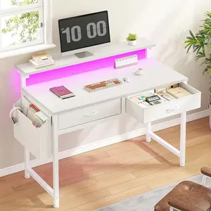 Modern 31.5" Computer Office Desk with RGB LED Strip Lights, Ergonomic Monitor Stand, 2 Soft Fabric Drawers and Side Organizer Pocket, Writing Workstation for Bedroom & Home Office