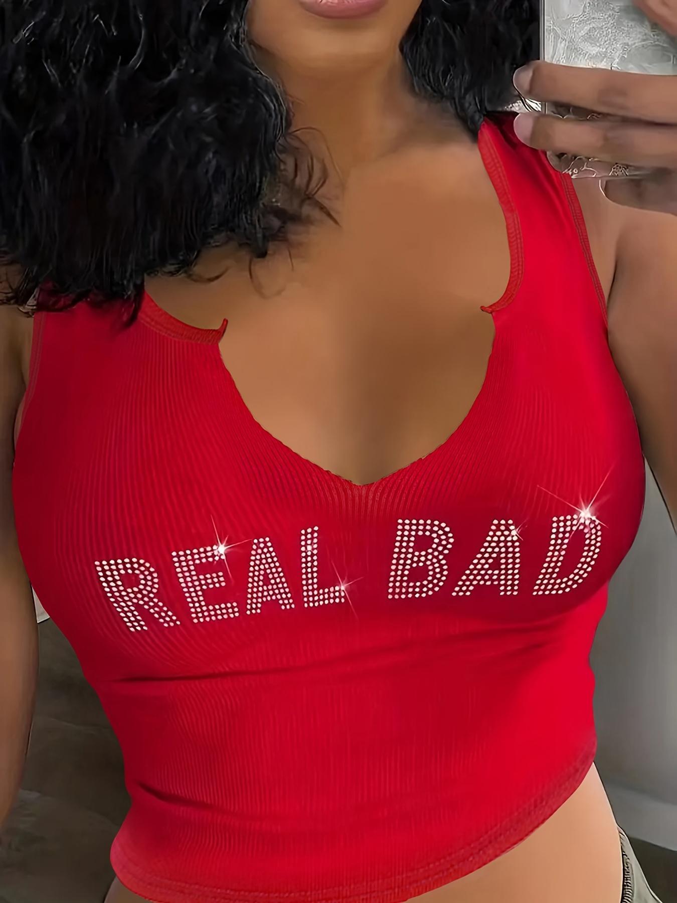 Women's Rhinestone Real Bad Letter Decor Notched Neck Crop Fitted Tank Top, Girly Clothes, Slim, Summer Clothes Women, Casual 2000s Y2k Skinny Streetwear Sleeveless Top, Summer Tops 2025, Downtown Girl Clothes