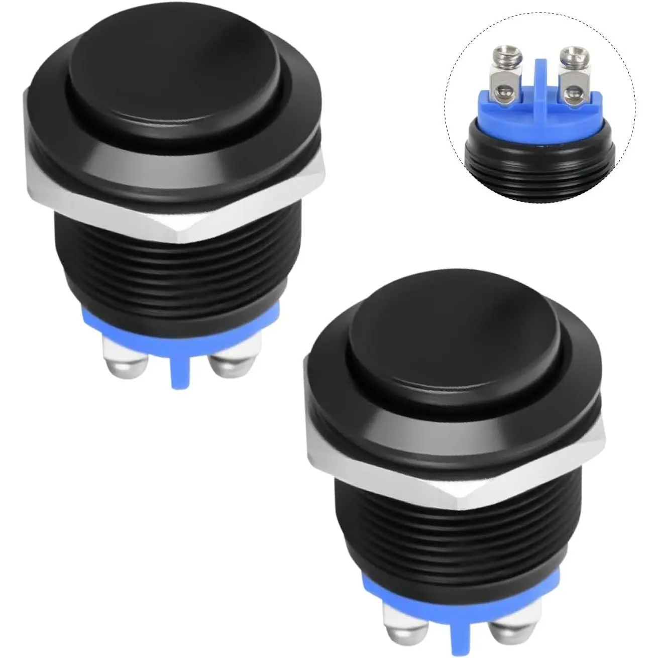 Nilight 2PCS 16mm Momentary Push Button Switch - 12V/250V AC-DC, Waterproof Black Metal Round, Flame Retardant 2-Pin Screw Terminal, for Vehicle Auto, Boat, Household Appliances