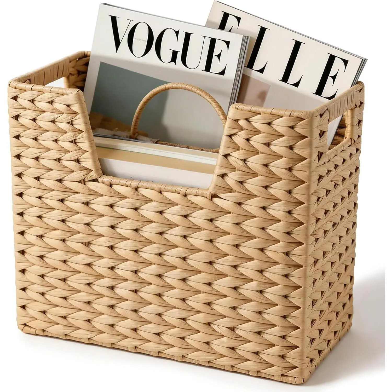 Wicker Magazine Basket with Handle, 2 Compartments | Handwoven Water Hyacinth Magazine Holder and Storage Basket for Books, Files and Newspapers