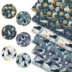 6pcs 45cm*50cm/17.72in*19.69in Mythical Black Cat Starry Sky Tarot Print Fabric, for Patchwork Quilting Fabric, Bedding, Tablecloth, Bags, Masks, Hats, Headbands, Pillowcases DIY Fabrics