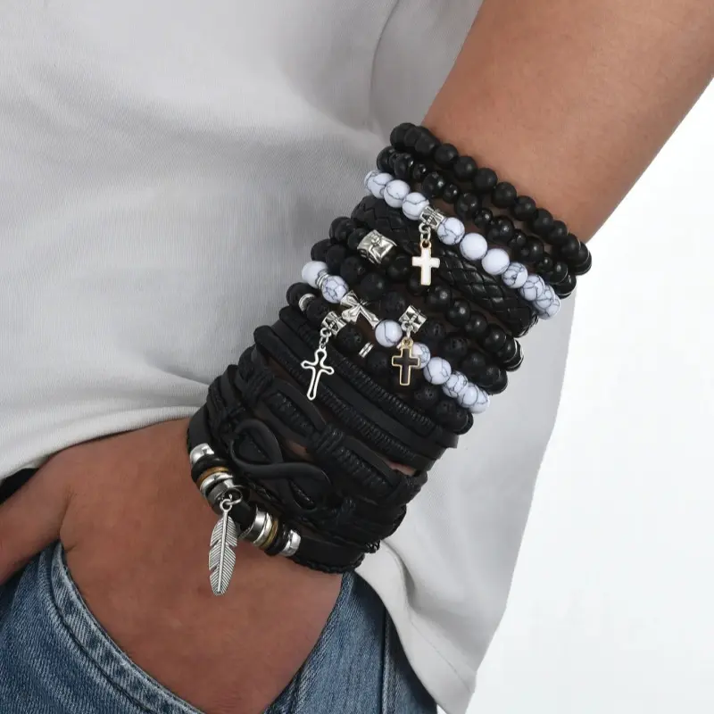 12Pcs Men's Beaded Bracelet Set, Cross Pendant Stone Jewelry, Casual Hip-Hop Style, Perfect Gift for Halloween Christmas Birthdays, Bracelet with Charms, Bracelets Stacking
