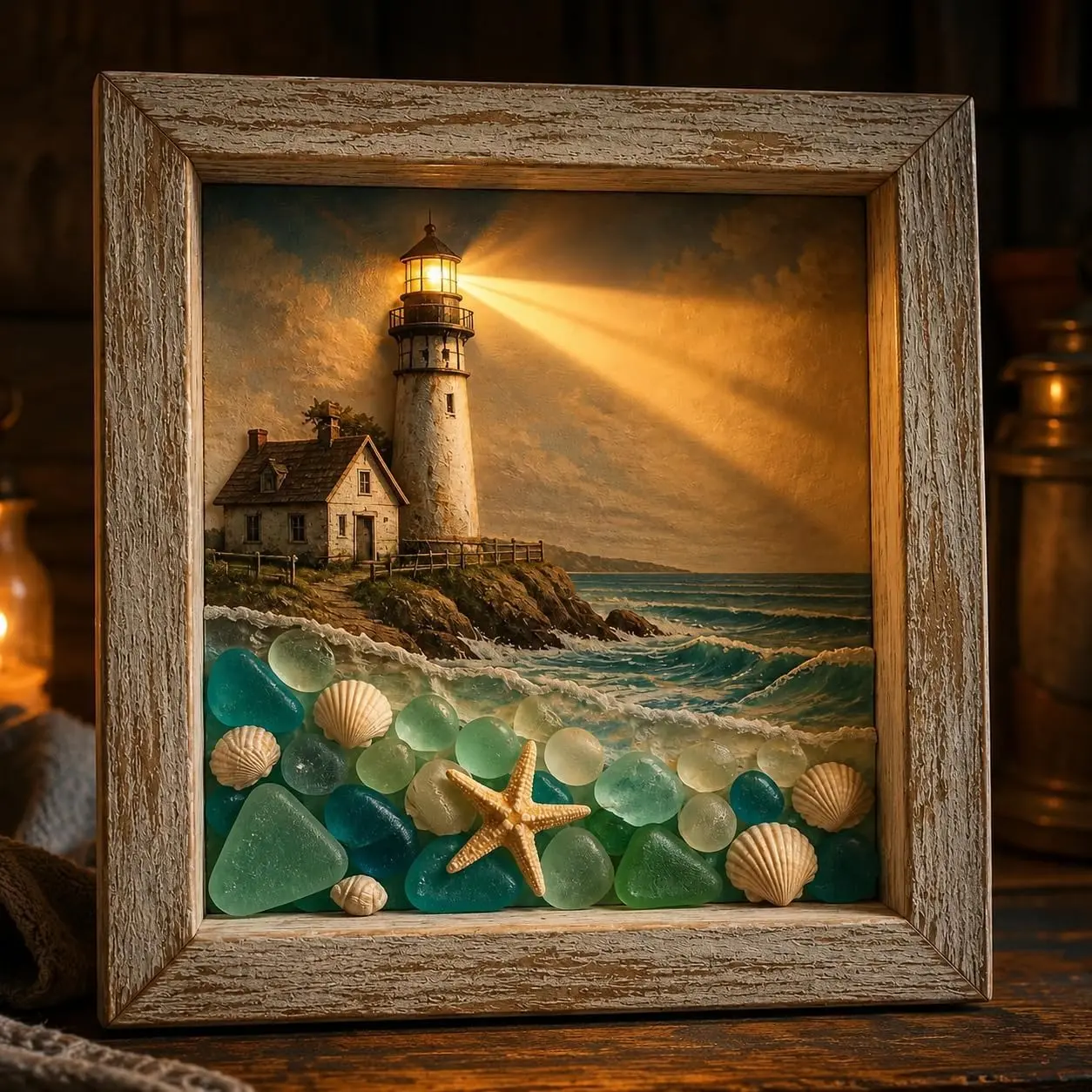 Coastal Lighthouse Sea Glass Shadow Box Night Light, Warm Ocean Decor LED Ambient Light for Bedroom, Sea Glass Coastal Art Lamp, Relaxing Night Light Gift Home Decor Living Room Decor