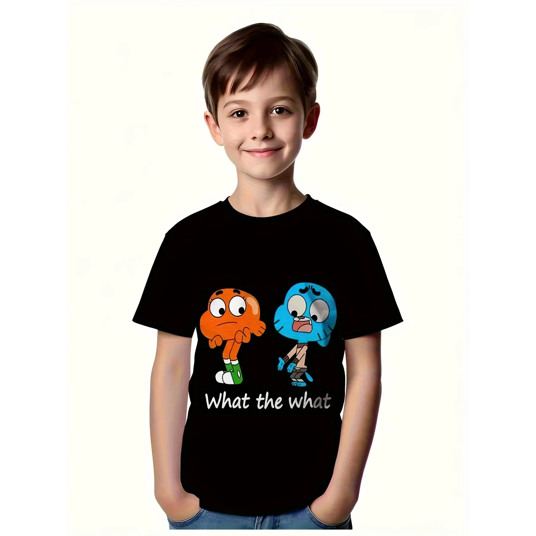 3D Gumball and Darwin: Wonderful World Cartoon Print T-Shirt |   Soft Breathable Black Short Sleeve, Casual Crew Neck, Perfect for Outdoor Activities and Parties, Machine Washable, Kids' Summer Gift.