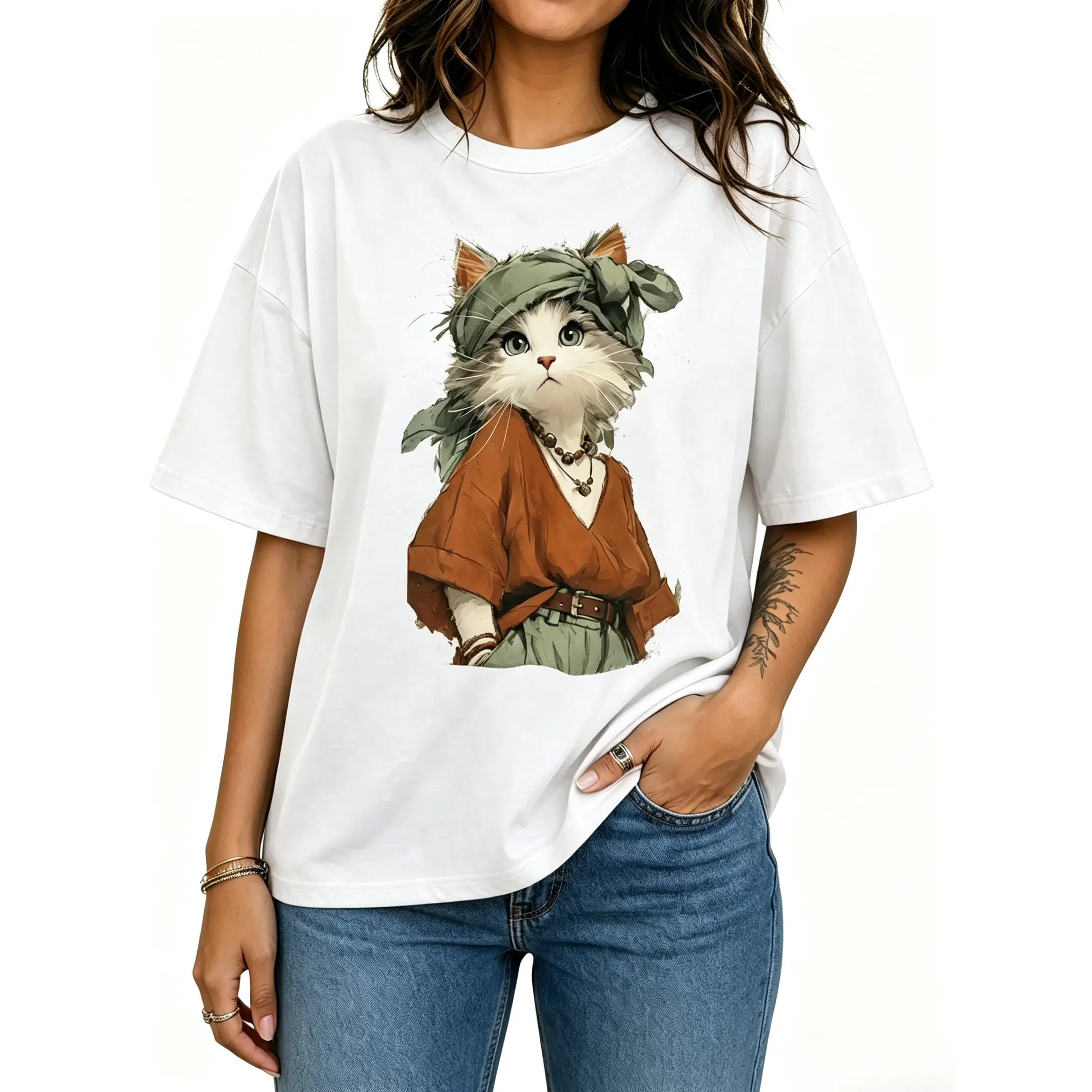 Women's Vintage Watercolor Geometric Boho Kitty Bandana Fitted Crew Neck Shortsleeve Tee, Casual Clothes for City Strolls, Picnics, Print, Top