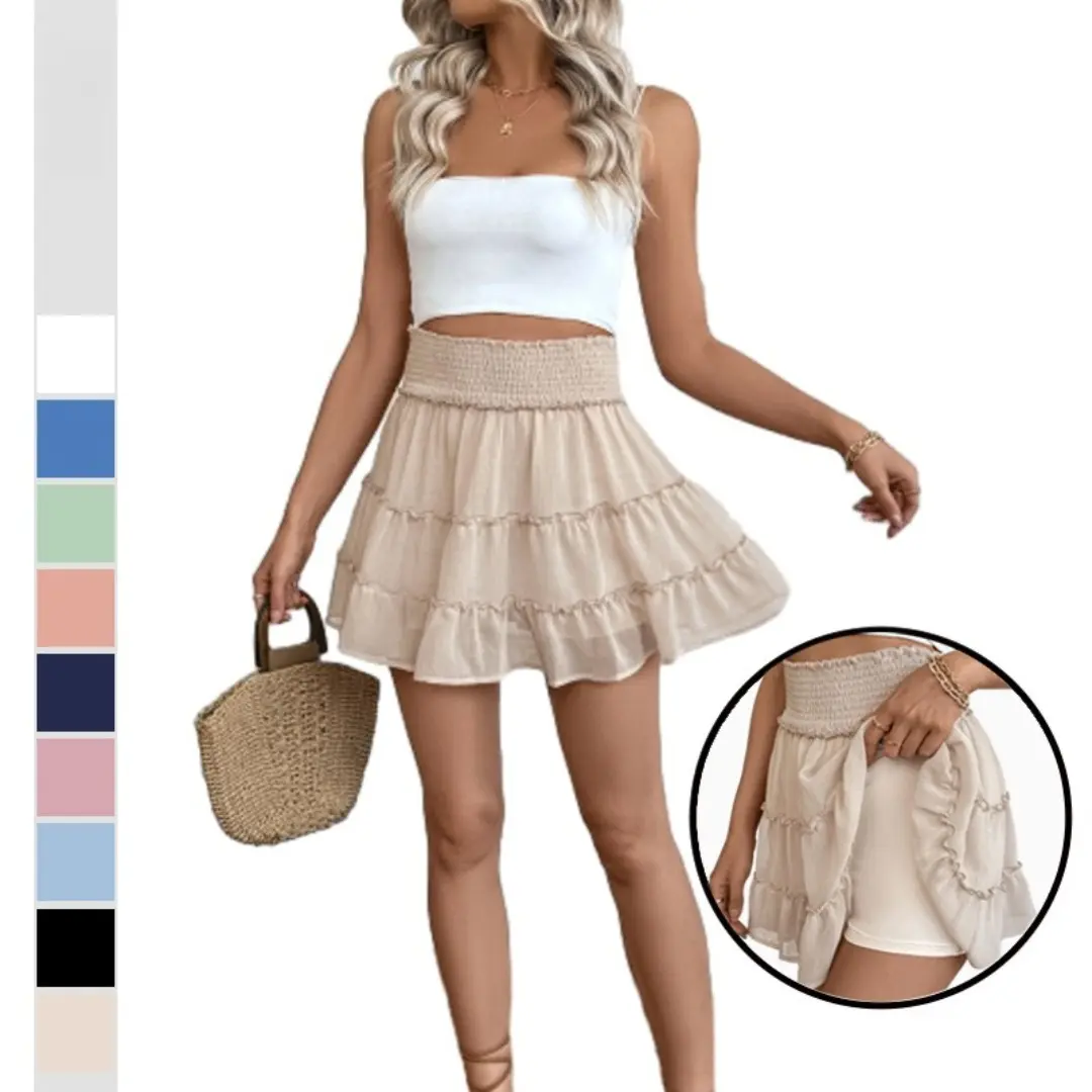 Women's Clothing Comfortable Casual Vacation Style Pleated Lotus Leaf Skirt Solid Color Elastic Waist Skirt