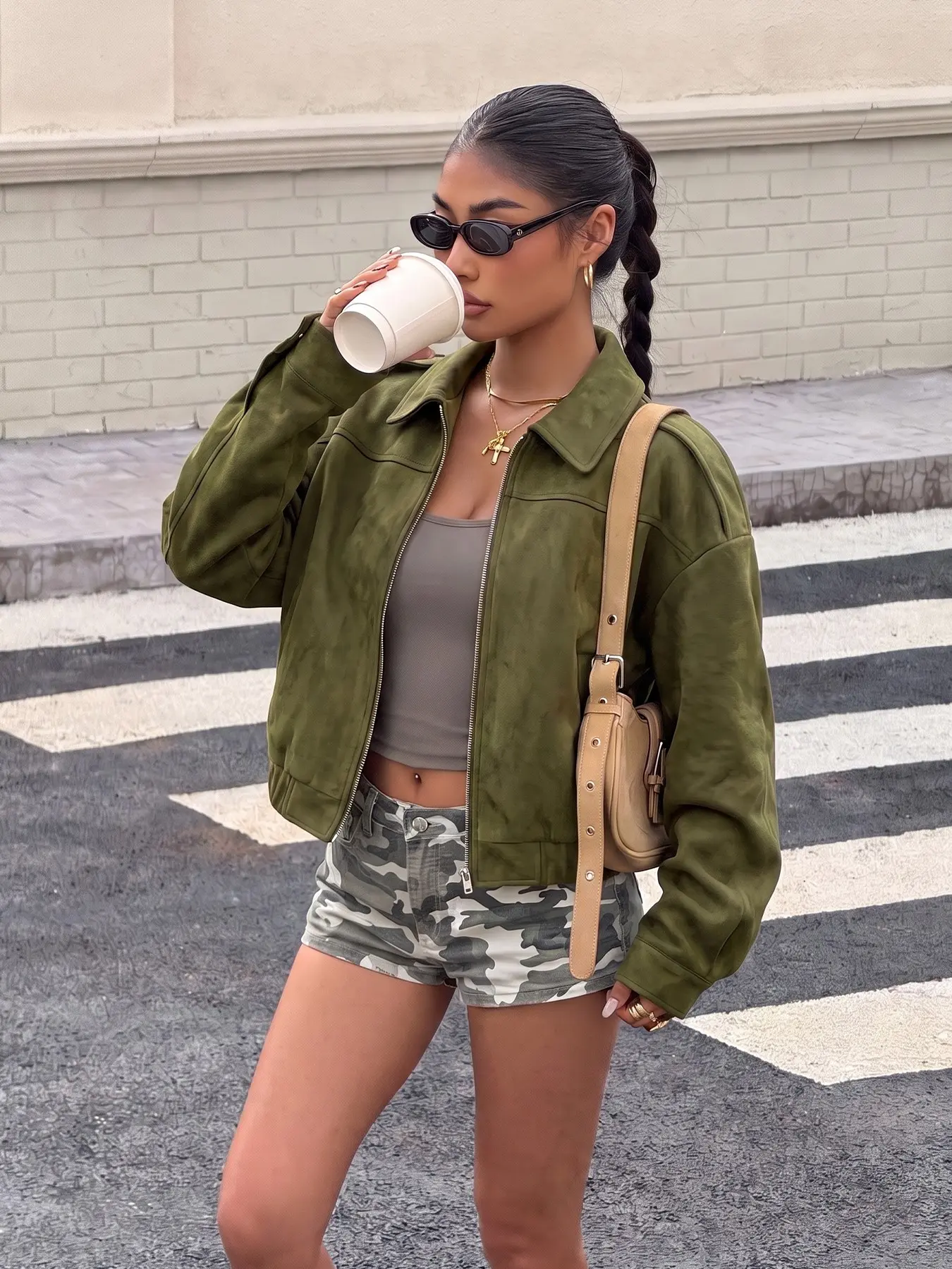 Women Olive Green Cropped Bomber Jacket, Collared Full Zip Up Long Sleeve Vintage Loose Fit Gender-Neutral Style Casual Cool Retro Cropped Outerwear Fall Streetwear Short Coat #tiktokfashion #outfitinspo #tiktokmademebuyit #winteroutfit #fallfashion