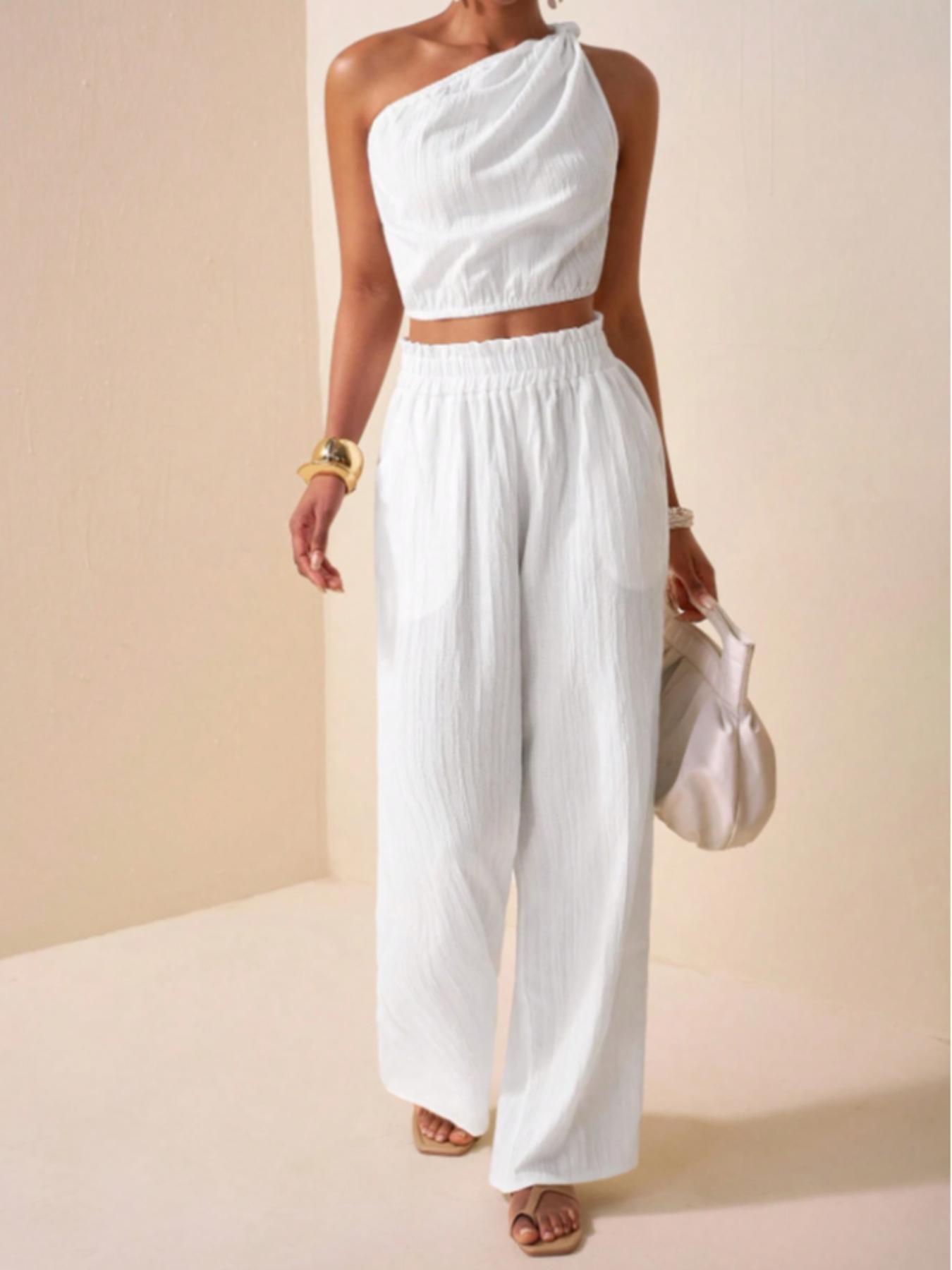 Two-Piece Set Women's Solid Color Top & Pants, Casual Sleeveless Top & Pants for Daily Wear, Ladies Summer Clothes