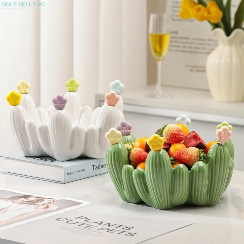 Cactus Shaped Ceramic Fruit Serving Plate with Dessert Fork Storage Container, Decorative Snack Bowl for Indoor Coffee Table & Home Party, Decorative Plates