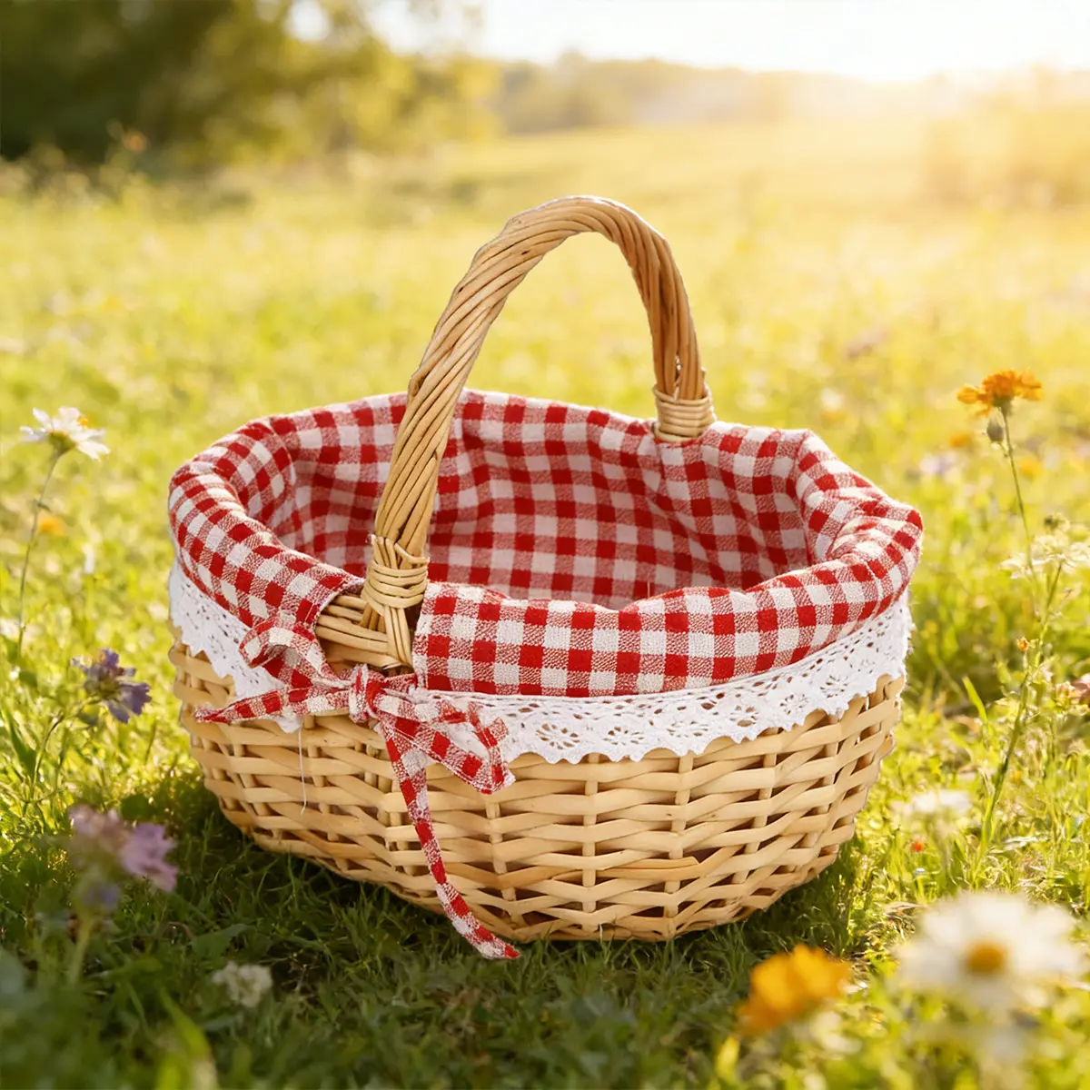 Vintage rural woven hand-held picnic basket with washable and thickened lining design for outdoor outings and camping, Easter souvenirs, fresh flower basket, indoor decoration and storage rack