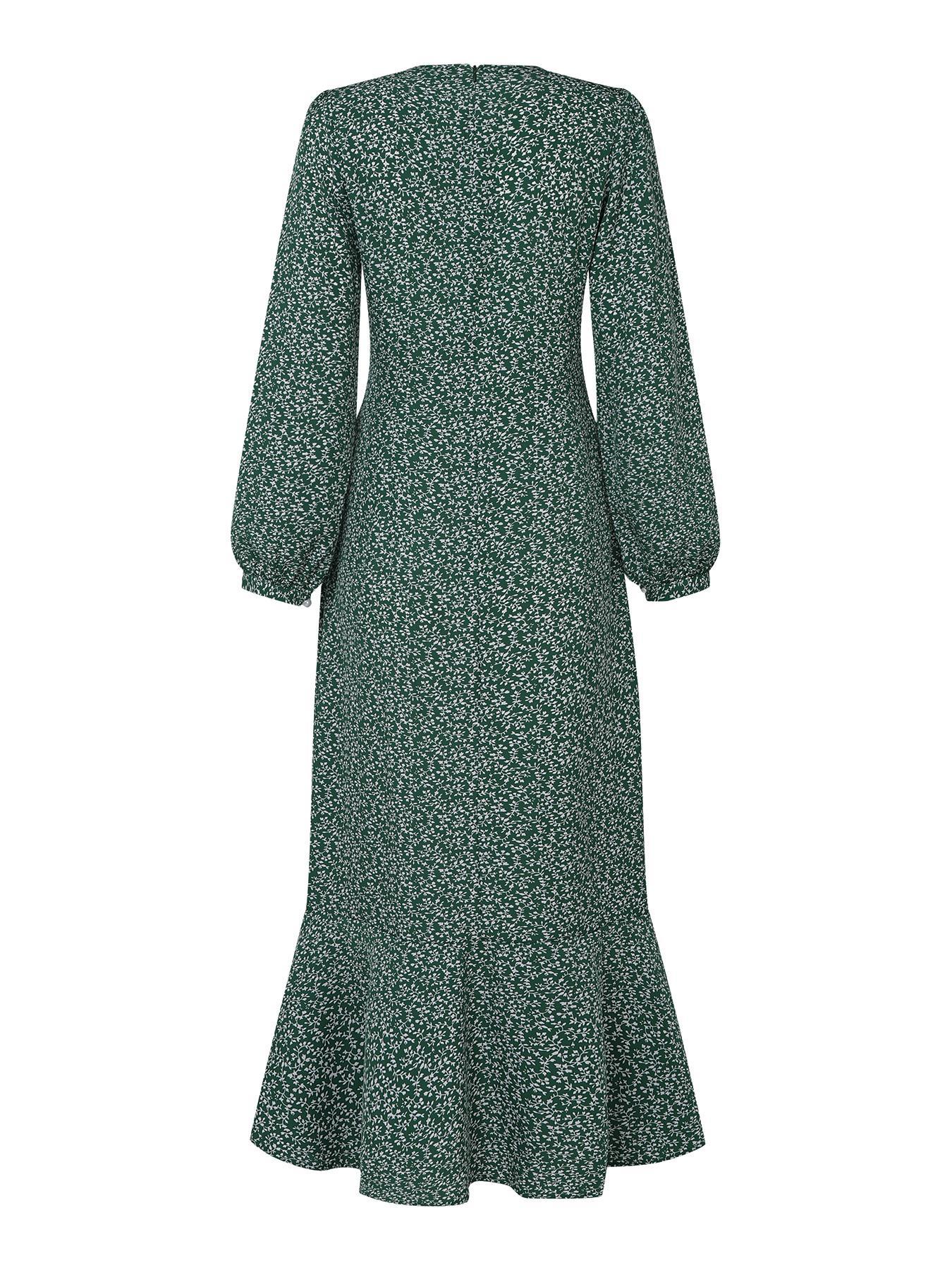 Women's Ditsy Floral Print Button Front Bishop Sleeve Ruffle Hem Flowy Long Dress, Casual Islamic Modest Style Clothing Modesty Wear Muslim Dress for Daily Wear Long Sleeve Dresses