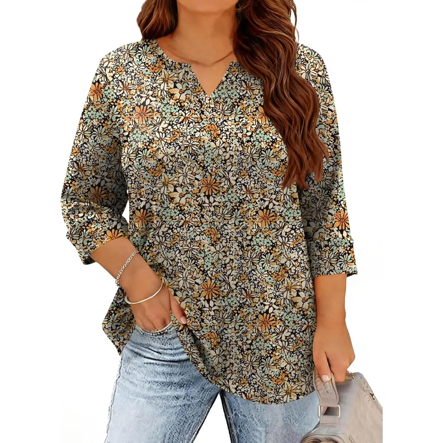 Plus Size Tops for Women V Neck T Shirt 3/4 Length Sleeve Blouse Dressy Casual Tee Loose Fit XL-5X