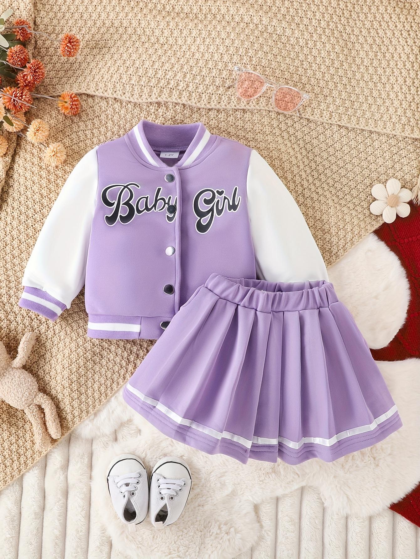 Kids Clothing Girls 2-Piece Preppy Look Set, Cotton Blend Baseball Jacket with Printed Letters + Pleated Skirt, Outdoor & Party Wear Gift
