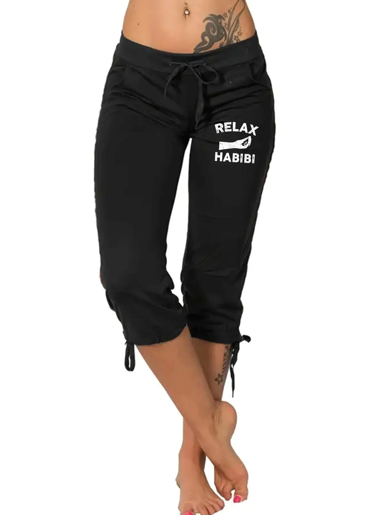 5791-R36 Women's Casual Seven-Quarter Pants, Fitted Waist Drawstring Leggings, Plain Surface, Unlined, Fashionable Leisurewear