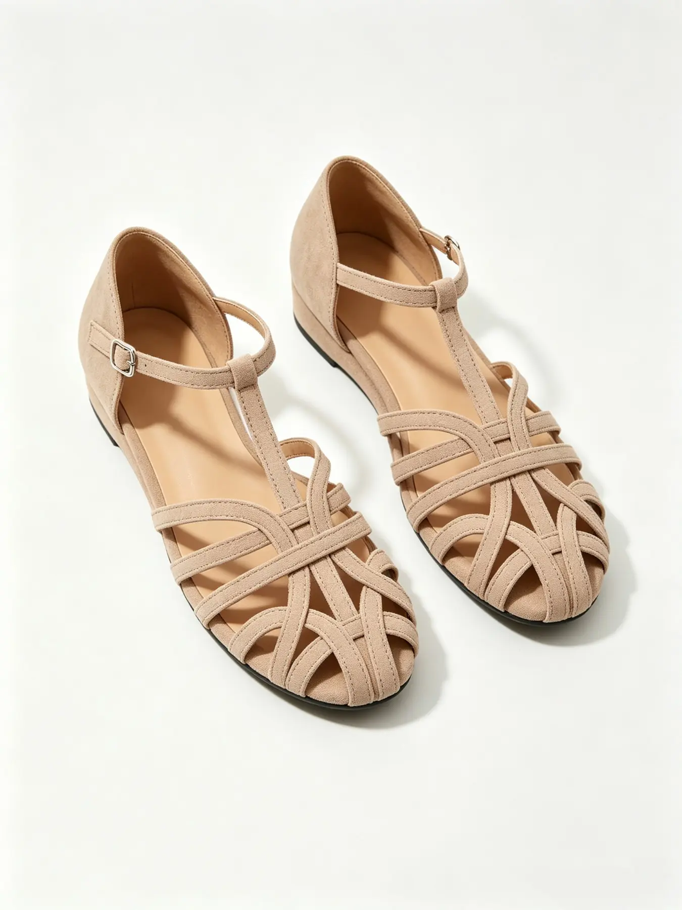 Women Tan Caged Woven Flat Sandals, Closed Toe Hollow Out T-Strap Sandals with Buckle Ankle Strap, Casual Summer Daily Shoes Ladies Suede Look Cutout Flat Sandals, Retro Closed Toe Woven Sandals for Women, Comfortable Low Heel Summer Beach Street Shoes