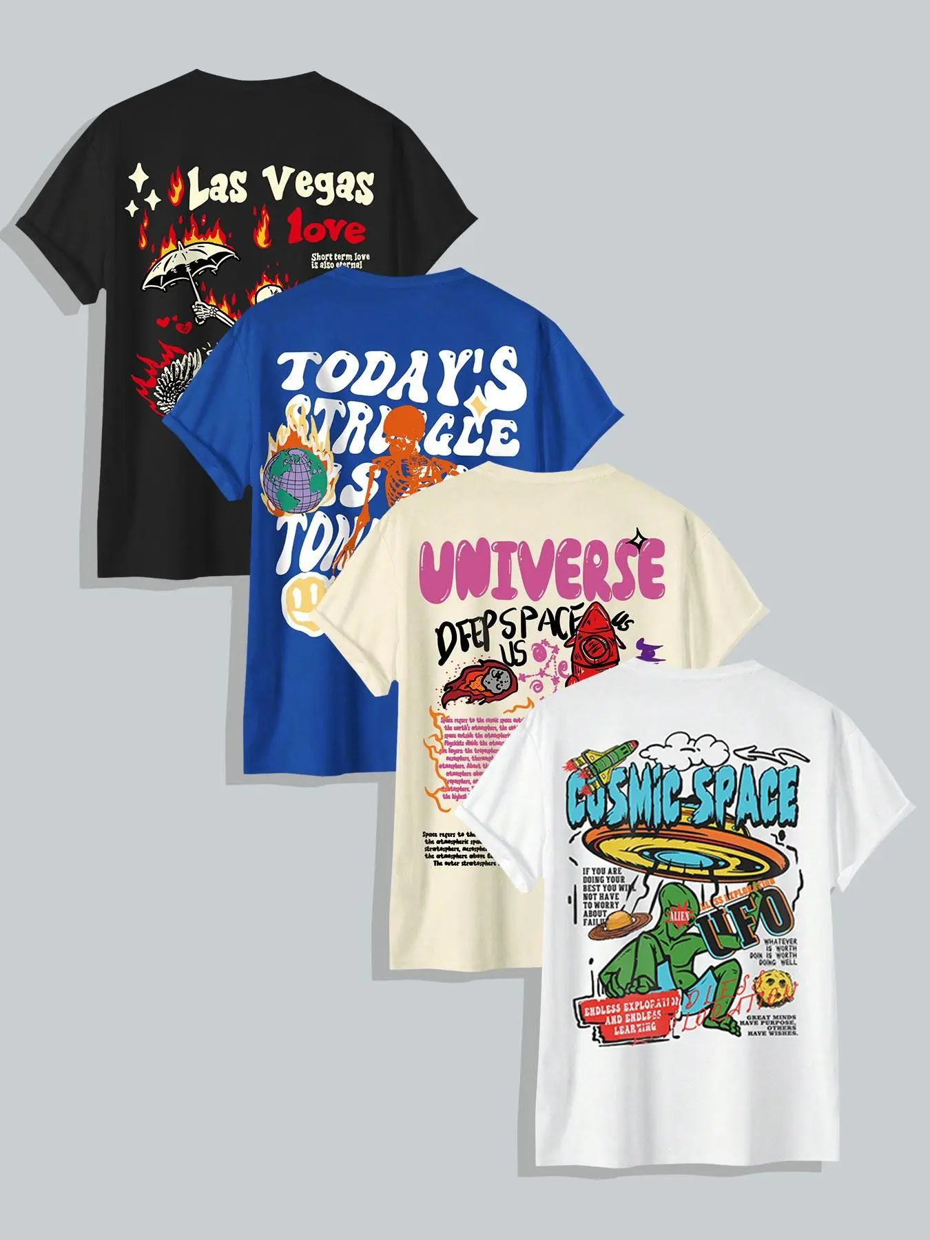 4 Pcs Men's 4-Style Assorted Retro Crew Neck Tees Skeleton Motivational Space UFO Las Vegas Print Daily Street Festival Short Sleeve T-Shirts