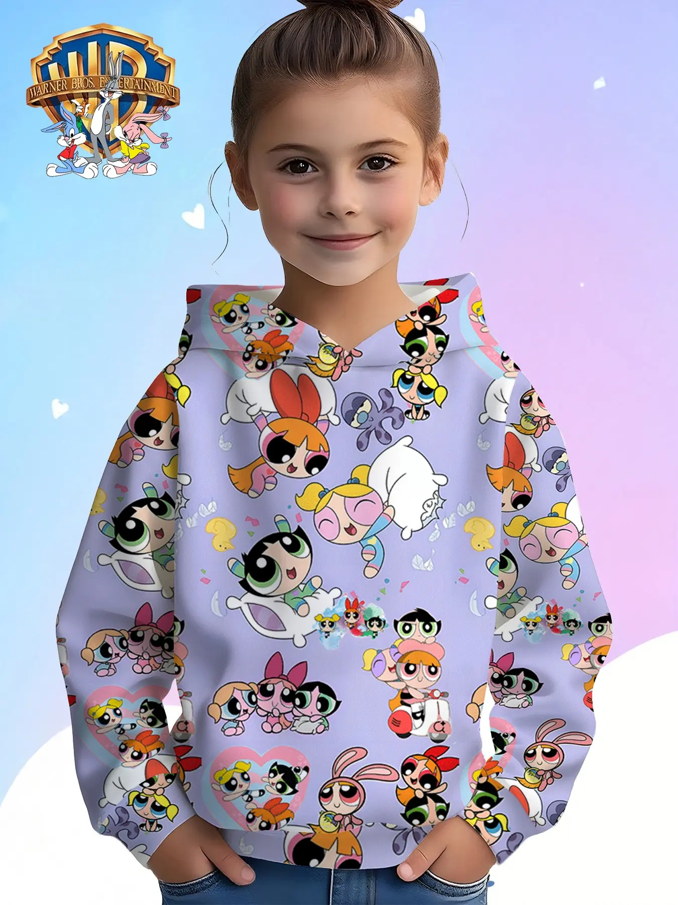 Wb Official Powerpuff Girls Kids Hoodie, Full Print Cartoon Sweatshirt, Loose-Fit Casual Fall & Winter Wear, Birthday Gift