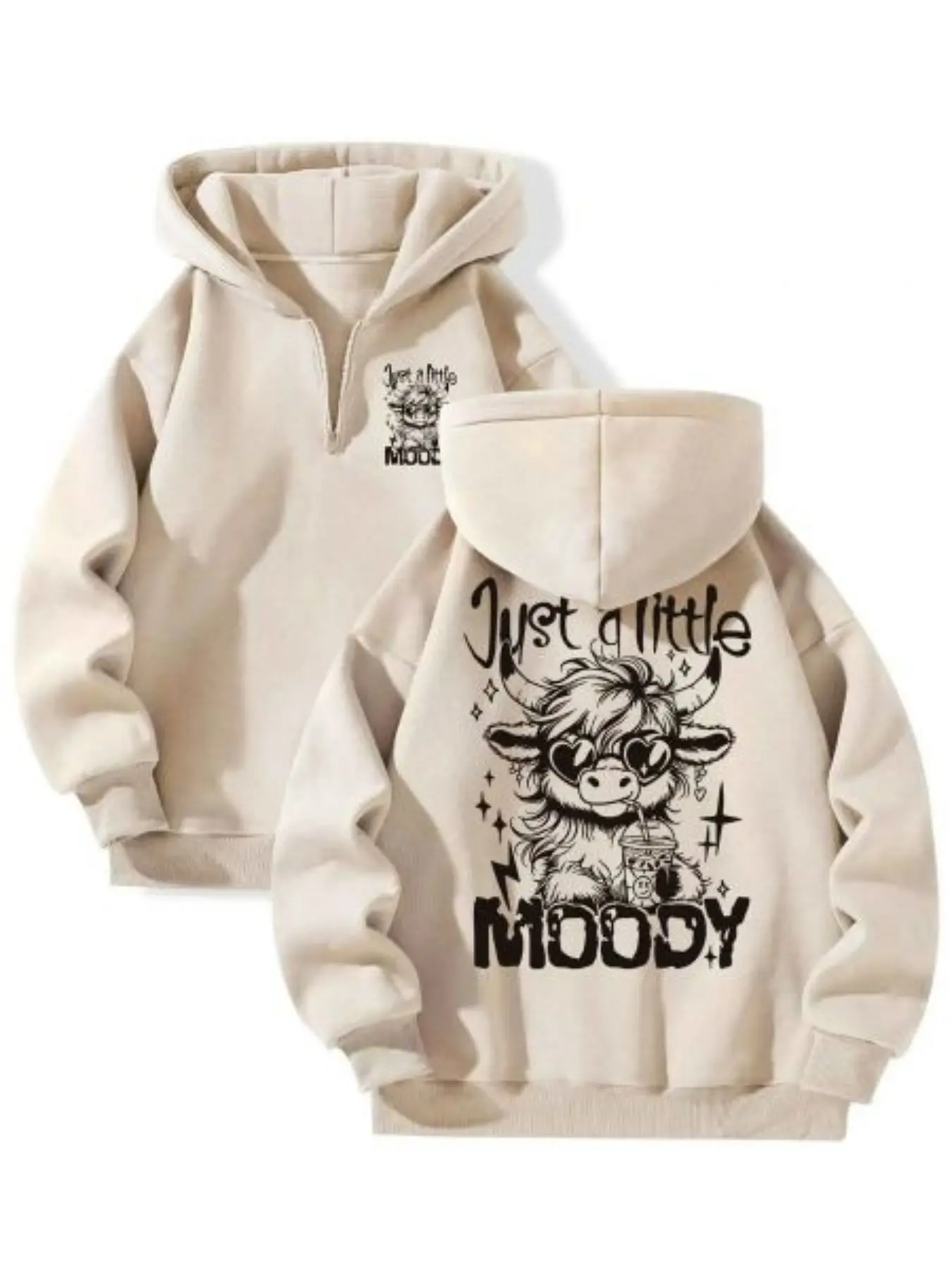 Autumn Winter New Retro Highland Cow Half-Zip Hoodie, Moody Letter Print, Loose Fit, Casual, Y2K Western Style, Women's Long Sleeve Sweatshirt
