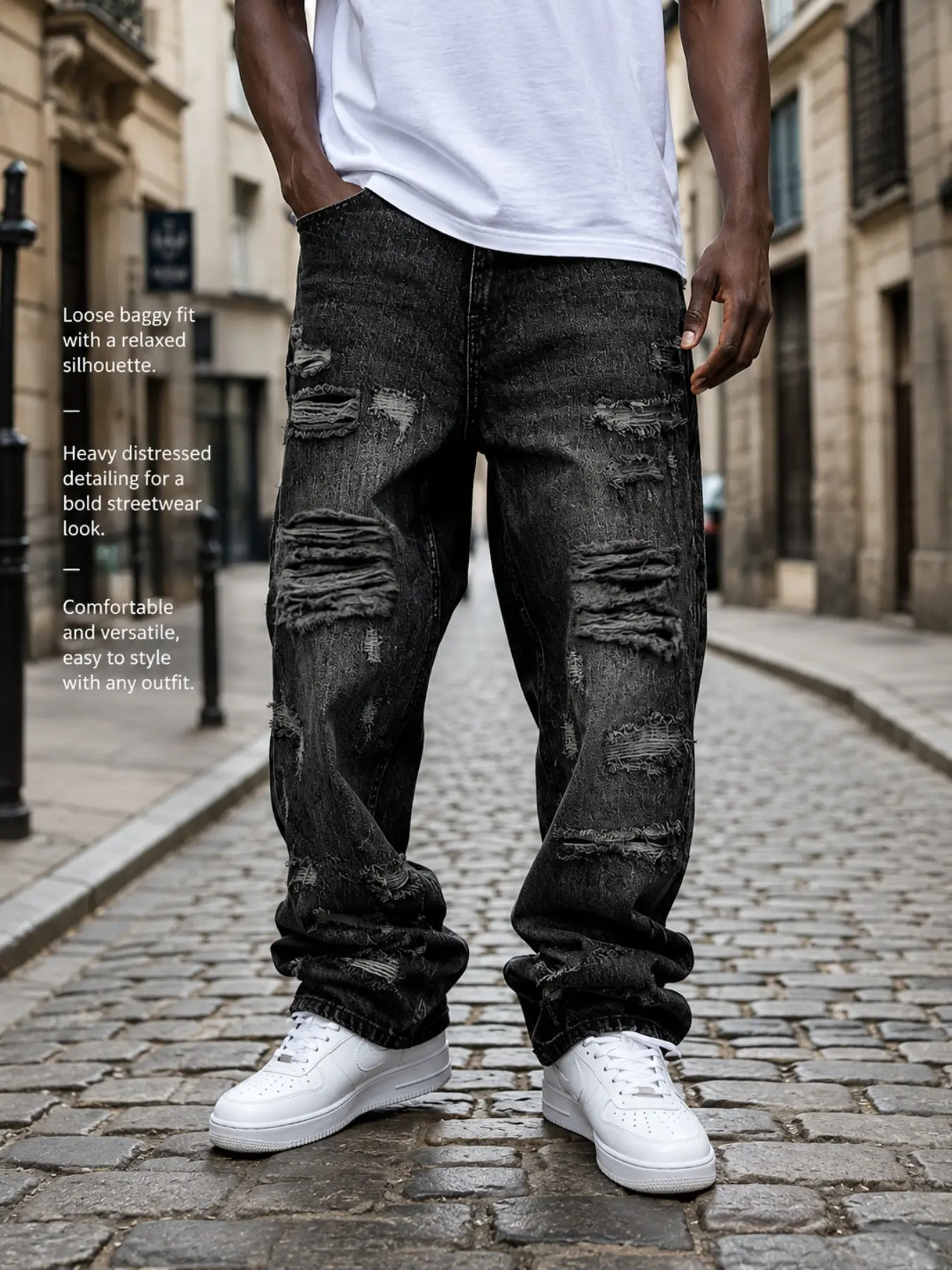 Men's Hip-Hop Streetwear Style Washed Denim Jeans, Fashion Jean Bottoms, Heavy-Duty Frayed Holes, Loose Relaxed Fit Straight Leg, Ankle Length, Casual Button Fly