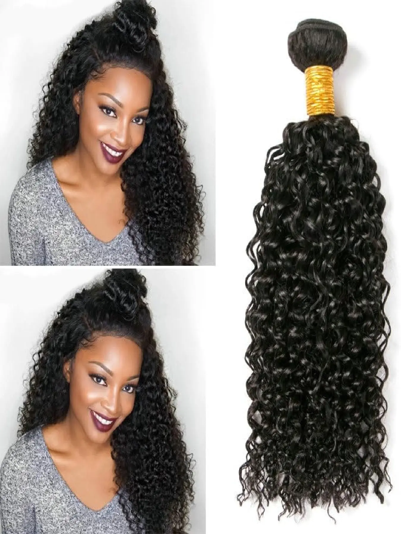 Kinky Curly Human Hair Bundles for Women Long Brazilian Virgin Hair Curly Bundle Machine Made Double Weft Tangle-Free & No Shedding Natural Black Color Can Be Dyed
