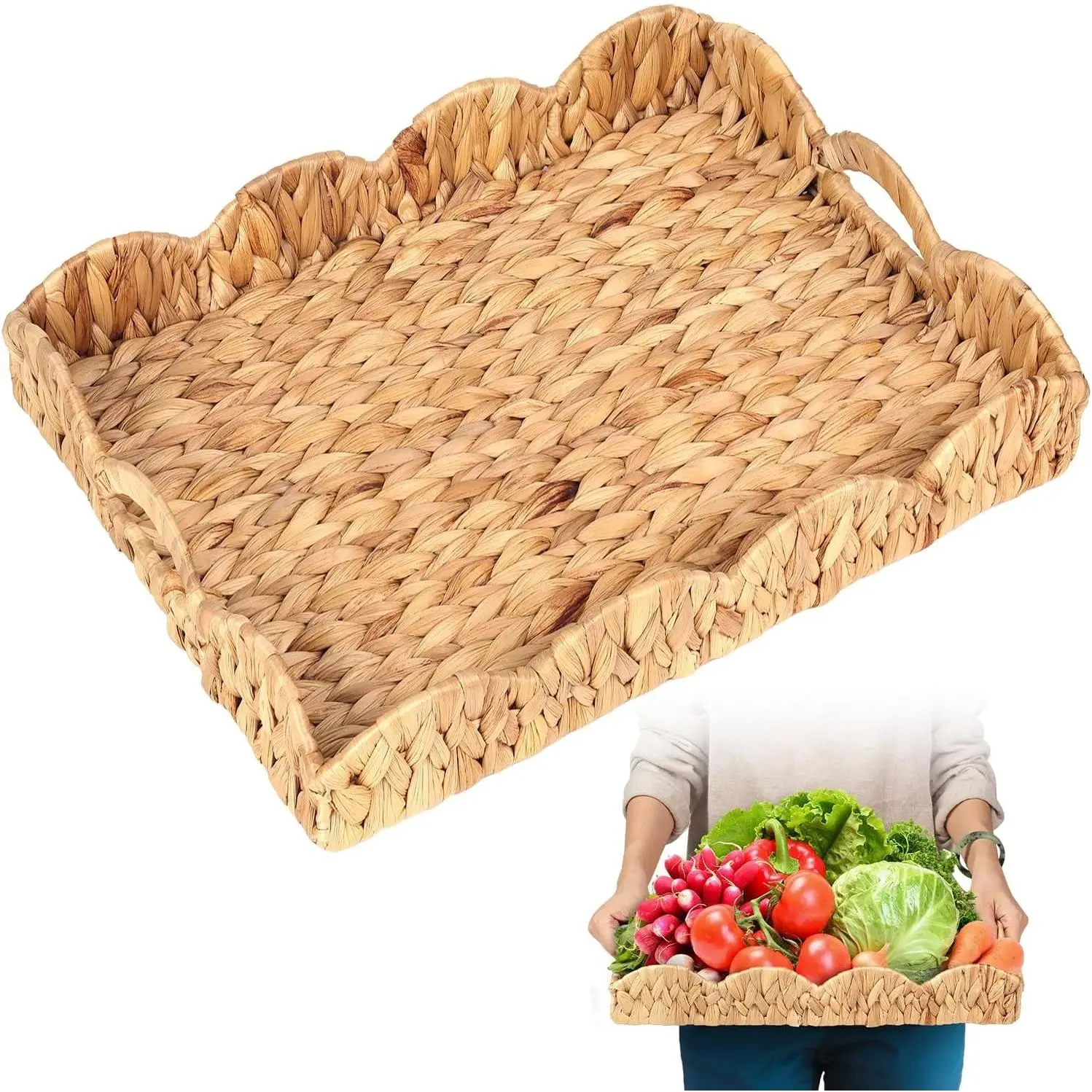 Scalloped Water Hyacinth Tray, Hand-Woven Wicker Storage Baskets with Scalloped Edge and Handles (17x13x3in) Rectangular Handwoven Trays, Water Hyacinth Basket with Built-in Handles