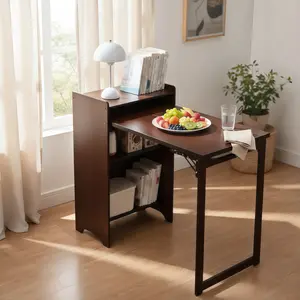 AobtkelBamboo Folding Desk, Foldable Desk for Small Space, Computer Desk with Hidden Storage, Mid Century Foldable Table for Home Office and Bedroom (Walnut Brown)