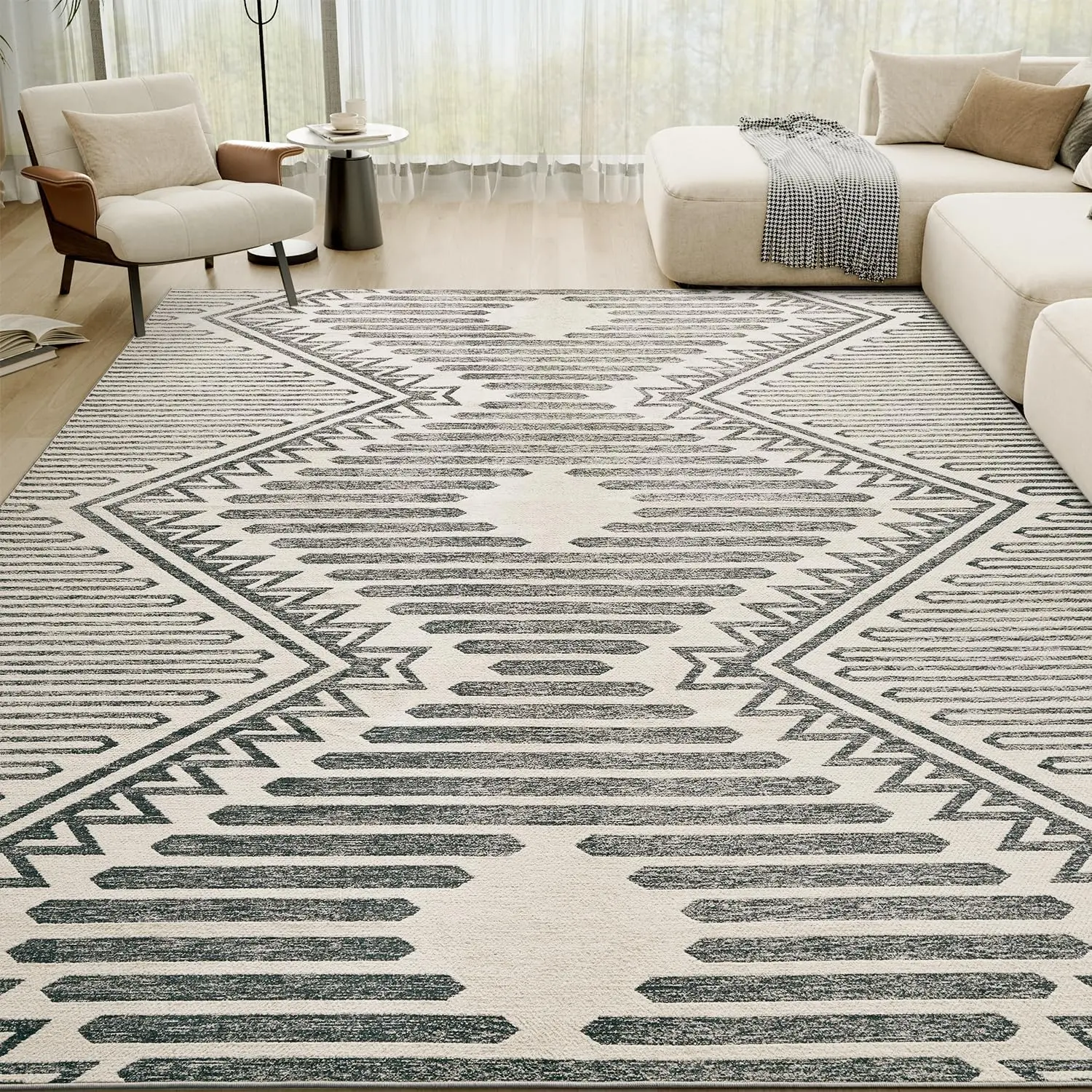 Charcoal Grey Boho 5x7 Area Rugs Textured Tufted Rugs for Living Room Bedroom Rug-Carpet Washable Neutral Modern Aztec Rug