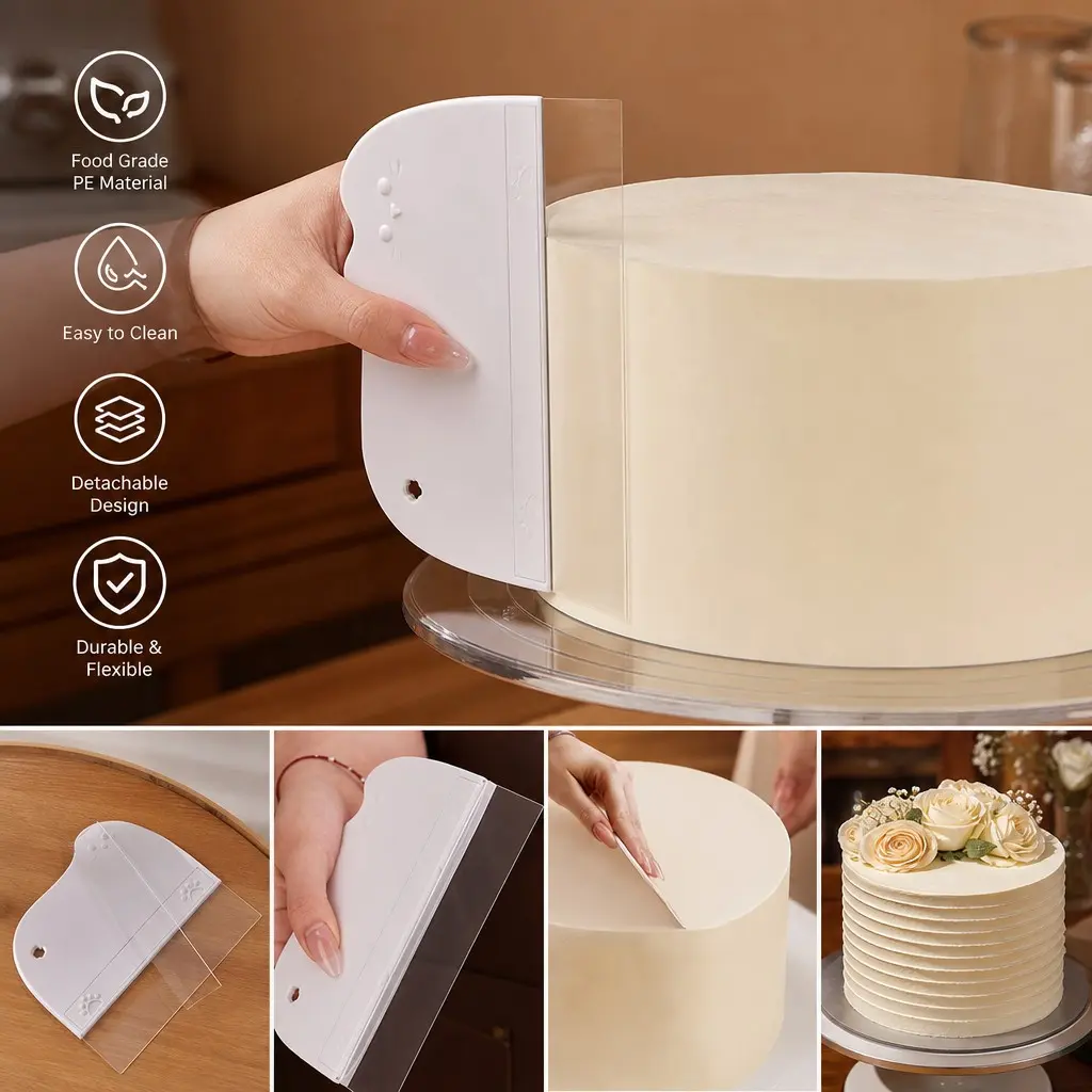Detachable Buttercream Smoothing Scraper | Food-Grade Transparent PE Plastic | Cake Decorating Tool Set – Flexible Acrylic Scraper for Cake Icing, Bread Decorating, and Frosting Finishing