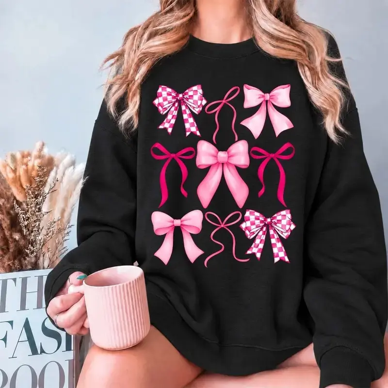 Women's Pink Bow Polyester Oversized Crewneck Sweatshirt  , Long-Sleeve, Loose-Fit, Breathable Minimalist Casual Tops for Fall Winter Outdoor Style