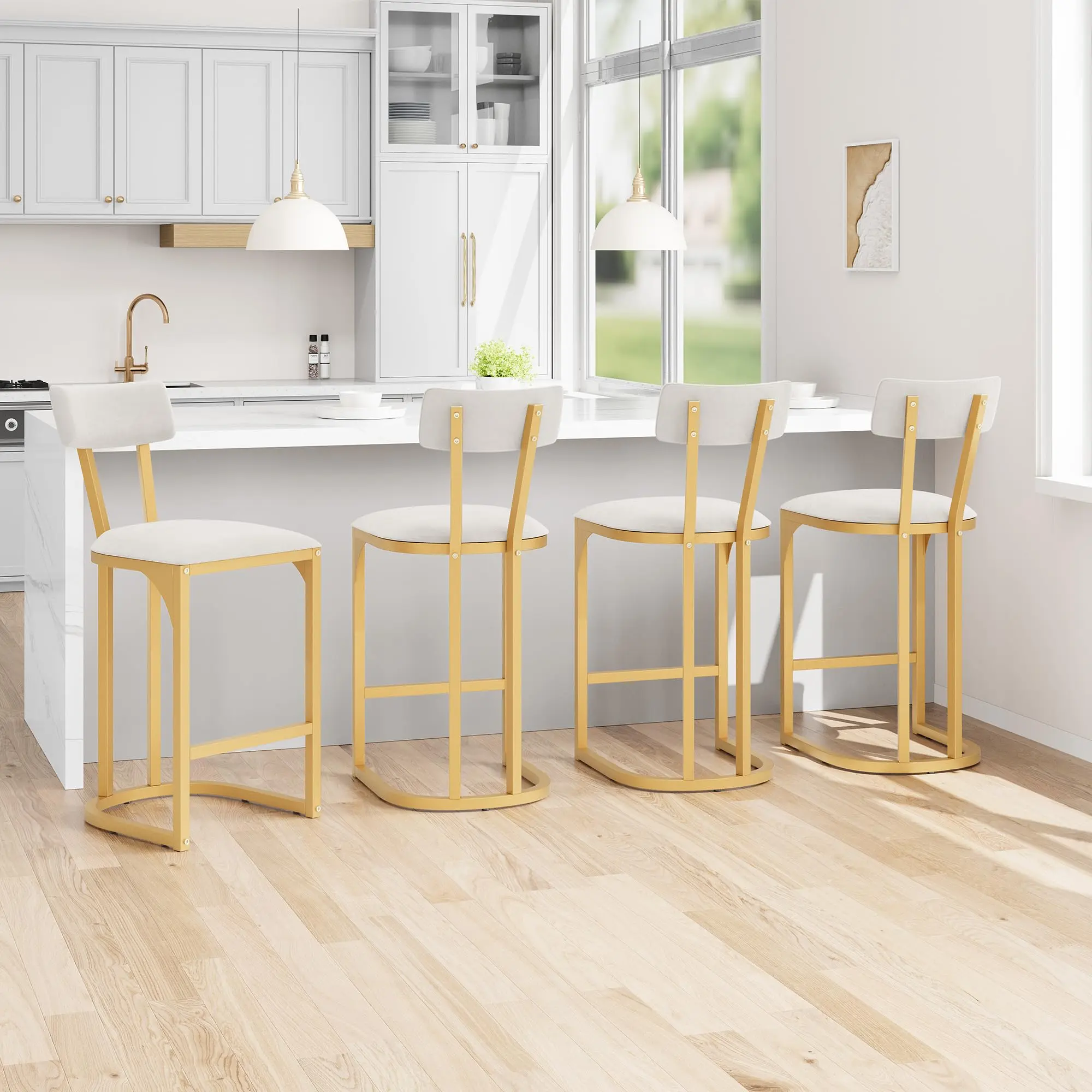 4-Piece Gold Metal Frame Counter Stools - Upholstered Seats & Backs, Barstools, Furniture for Home, Ideal for Kitchen Islands & Dining Tables
