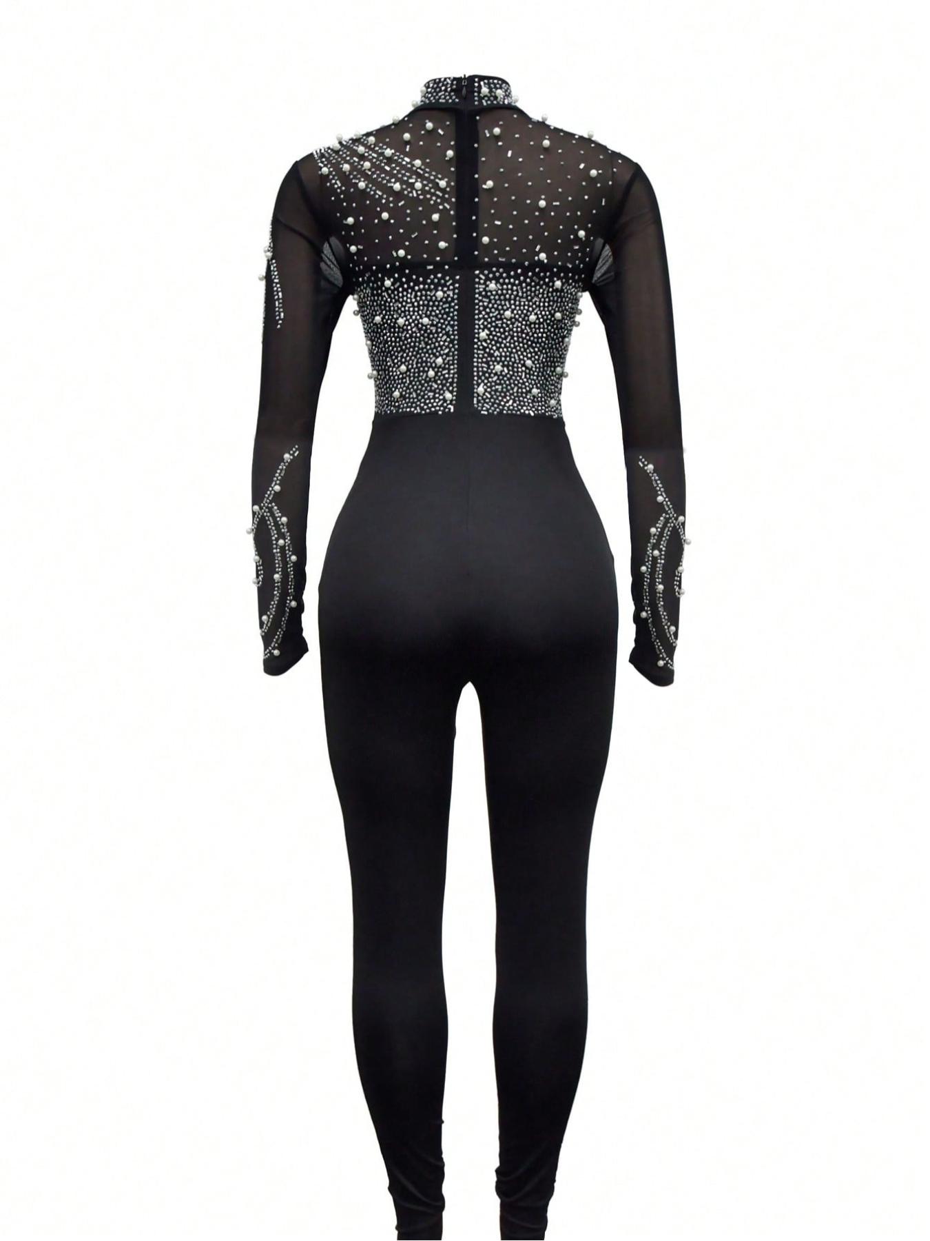 Women's Plain Rhinestone Decor Mock Neck Mesh Skinny Jumpsuit, Elegant Fashion Long Sleeve Zipper Jumpsuit for Party Club Dating, Valentine's Day Gift for Girl, Ladies Spring & Fall Clothes