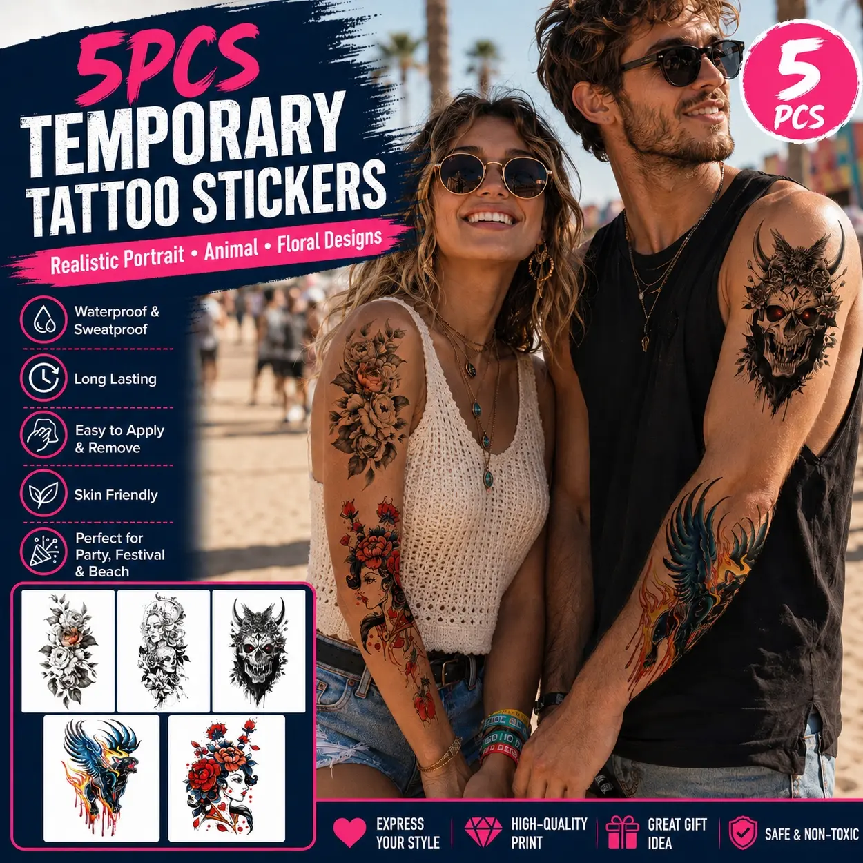 5pcs Realistic Temporary Tattoo Stickers, Personalized Body Art Transfer Decals with Portrait Animal and Skull Designs, Waterproof Durable Easy to Use Fake Tattoos for Women and Men, Ideal for Arm Leg Back Shoulder Chest Party Club Travel