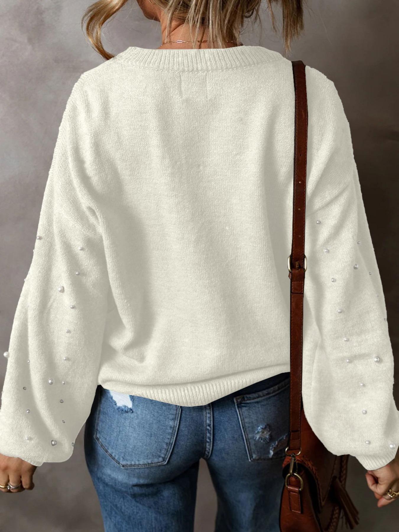 Women's Faux Pearl Decor Drop Shoulder Sweater, Casual Basic Aesthetic Chic Long Sleeve Round Neck Jumper for Fall & Winter, Fashion Ladies' Knitwear for Daily Wear, Fall Womenswear