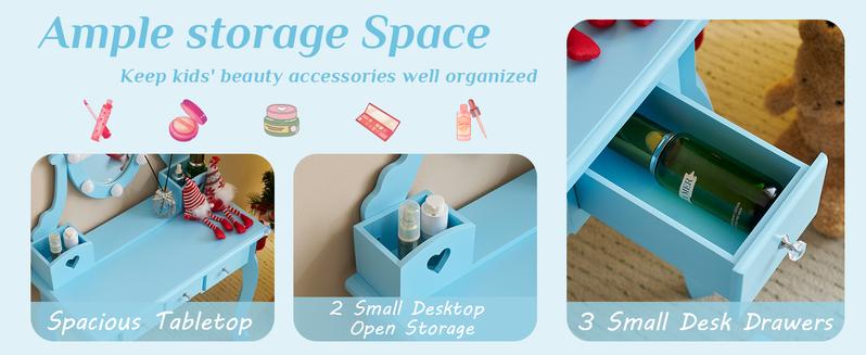 Karlhome Kids Vanity Table and Chair Set, Princess MDF Dressing Table with 3-Color LED Lighted Mirror and 3 Drawers, Lovely Waved Design for Toddler's Bedroom and Playroom Decor, Macaroon