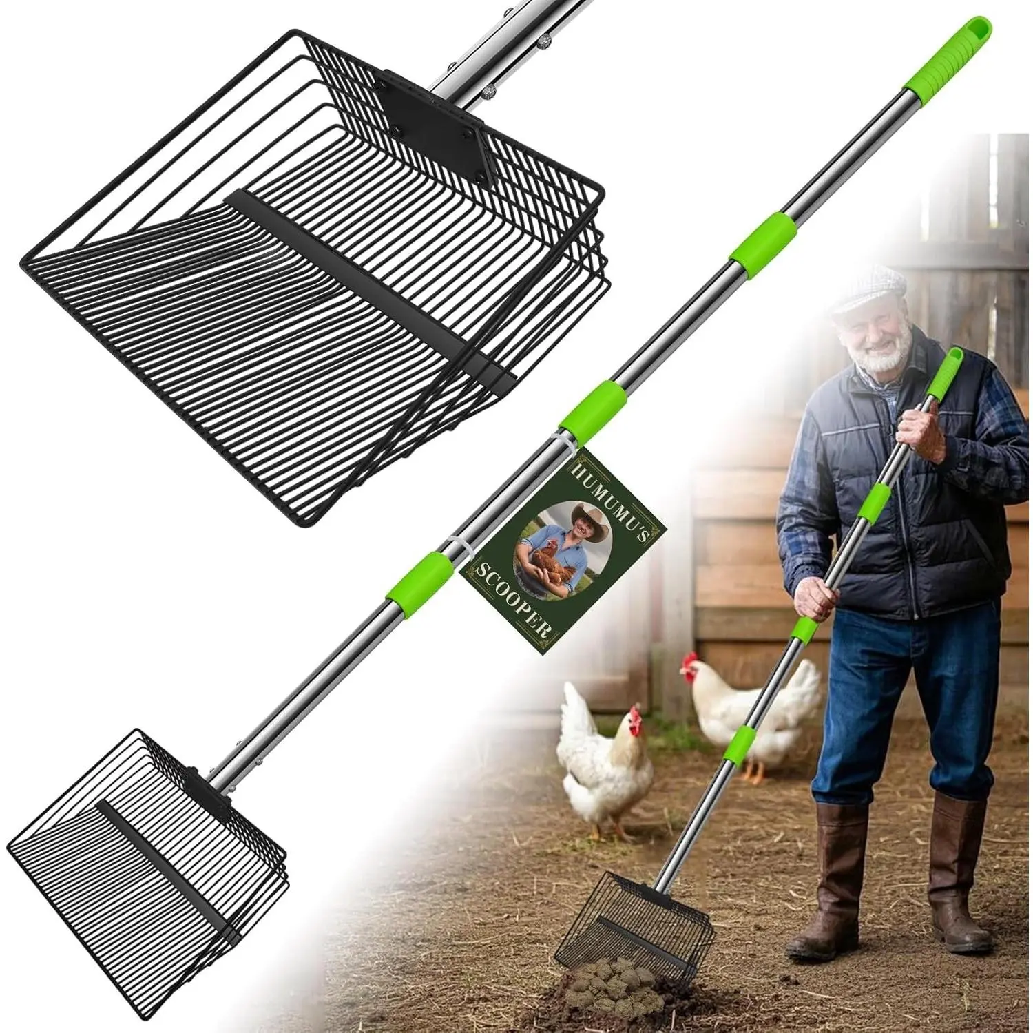 12inch Large Chicken Poop Scooper, 2 Widths of Slots Litter Sifting Shovel 23 to 66", Chicken Coop Litter Scoop with Stainless Steel Handle, 4 in 1 Multifunctional Heavy Duty Chicken Coop Accessories