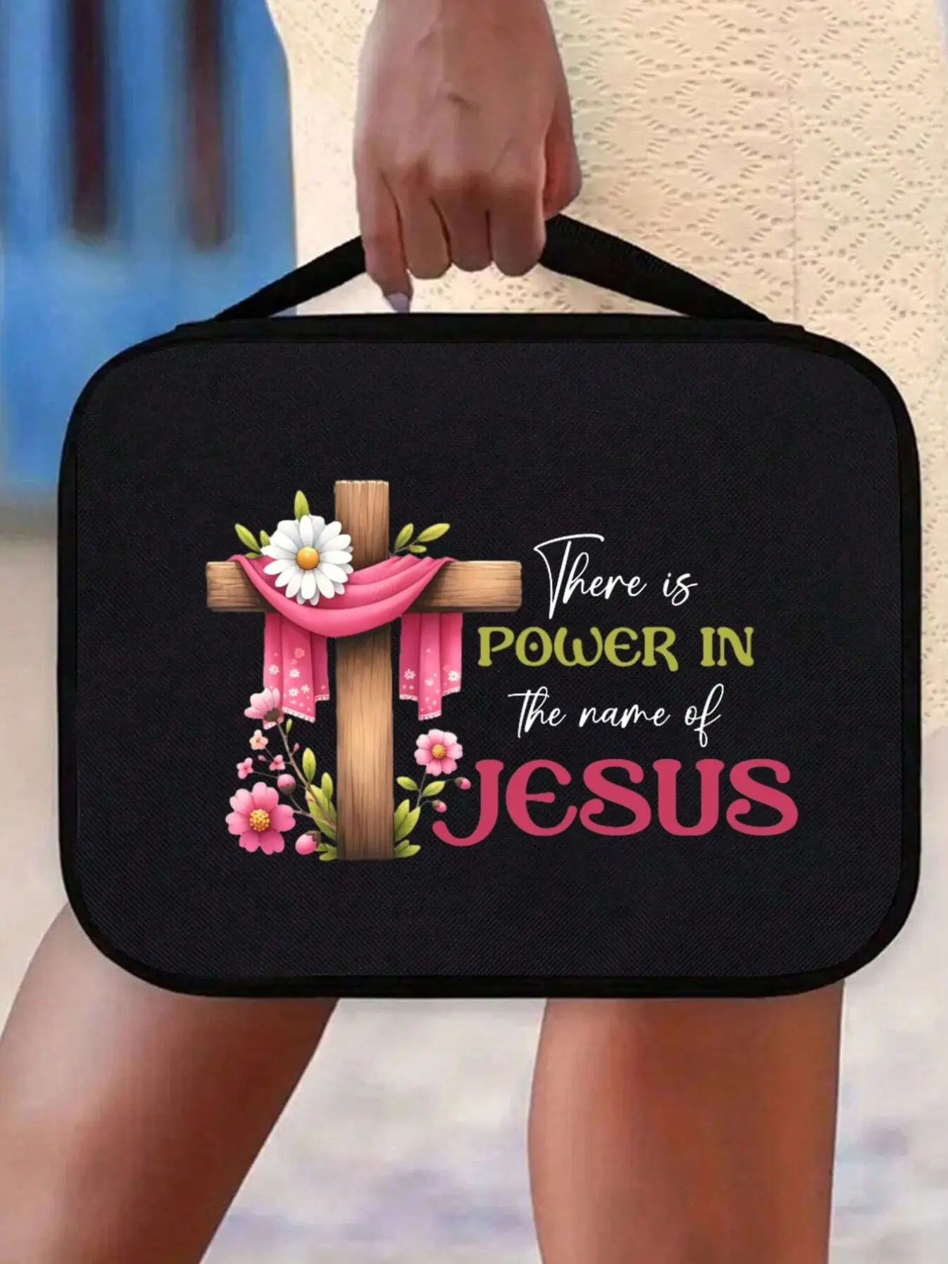 Floral Cross Print Bible Handbag, Standard Size Bible Cover with Zipper and Pockets, Ideal for Daily Adult Bible Study